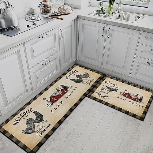 Miniatura 3 de Arttown Juego de 2 alfombras y tapetes de cocina de granja antideslizantes y lavables, bienvenidos a nuestras alfombrillas de cocina de granja,