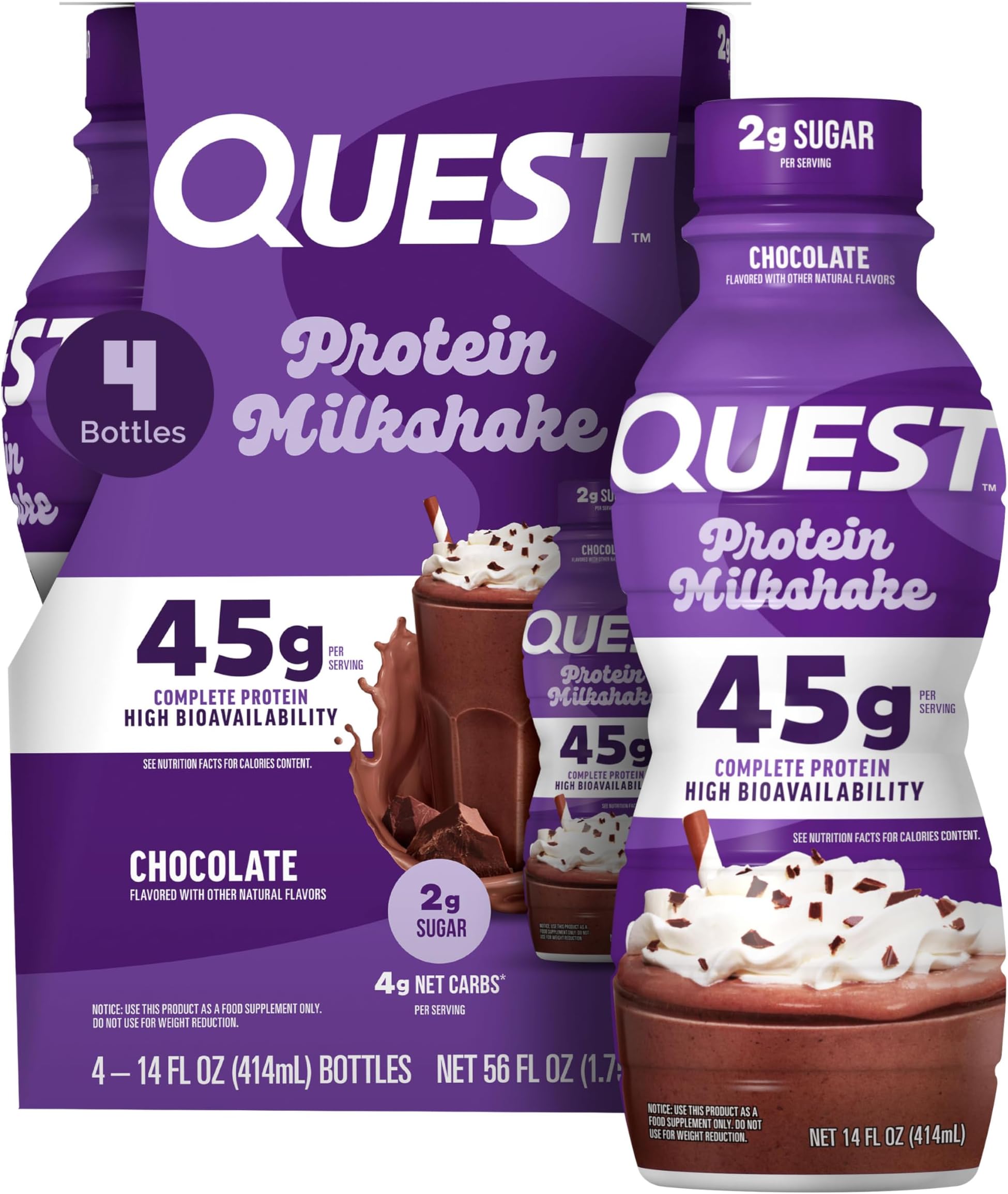 Nutrition Chocolate Protein Shake, 45g Protein, 2g Sugar, 4g Net Carbs, Ready to Drink, Gluten Free, 4 Count