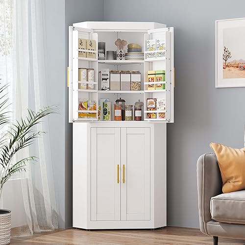 Miniatura 128 de Armario de almacenamiento de metal de 71 pulgadas de alto con 2 puertas y 4 estantes ajustables, armario de despensa de cocina, armario Blanco