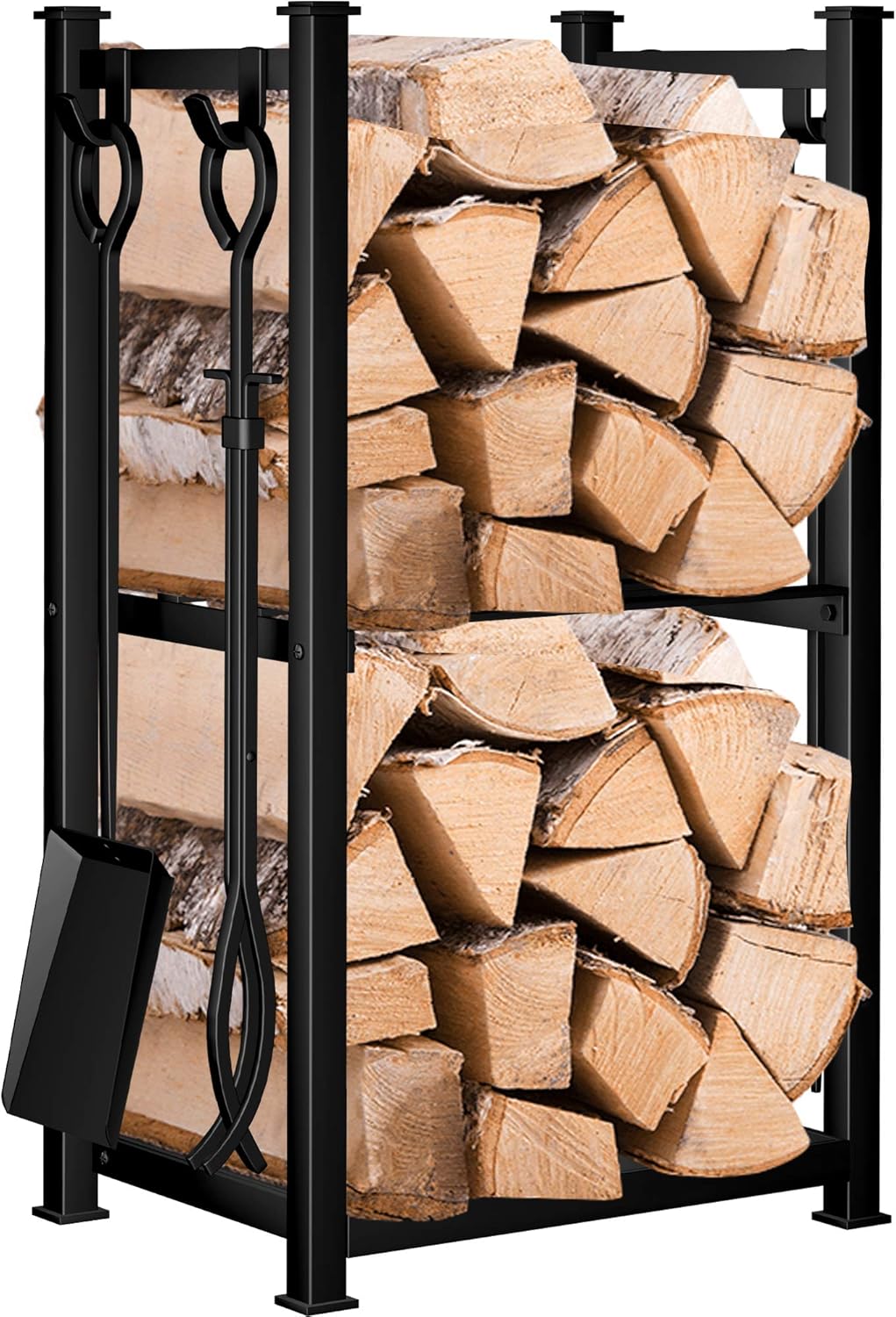 Firewood Rack with Tools Set - wrought iron, black