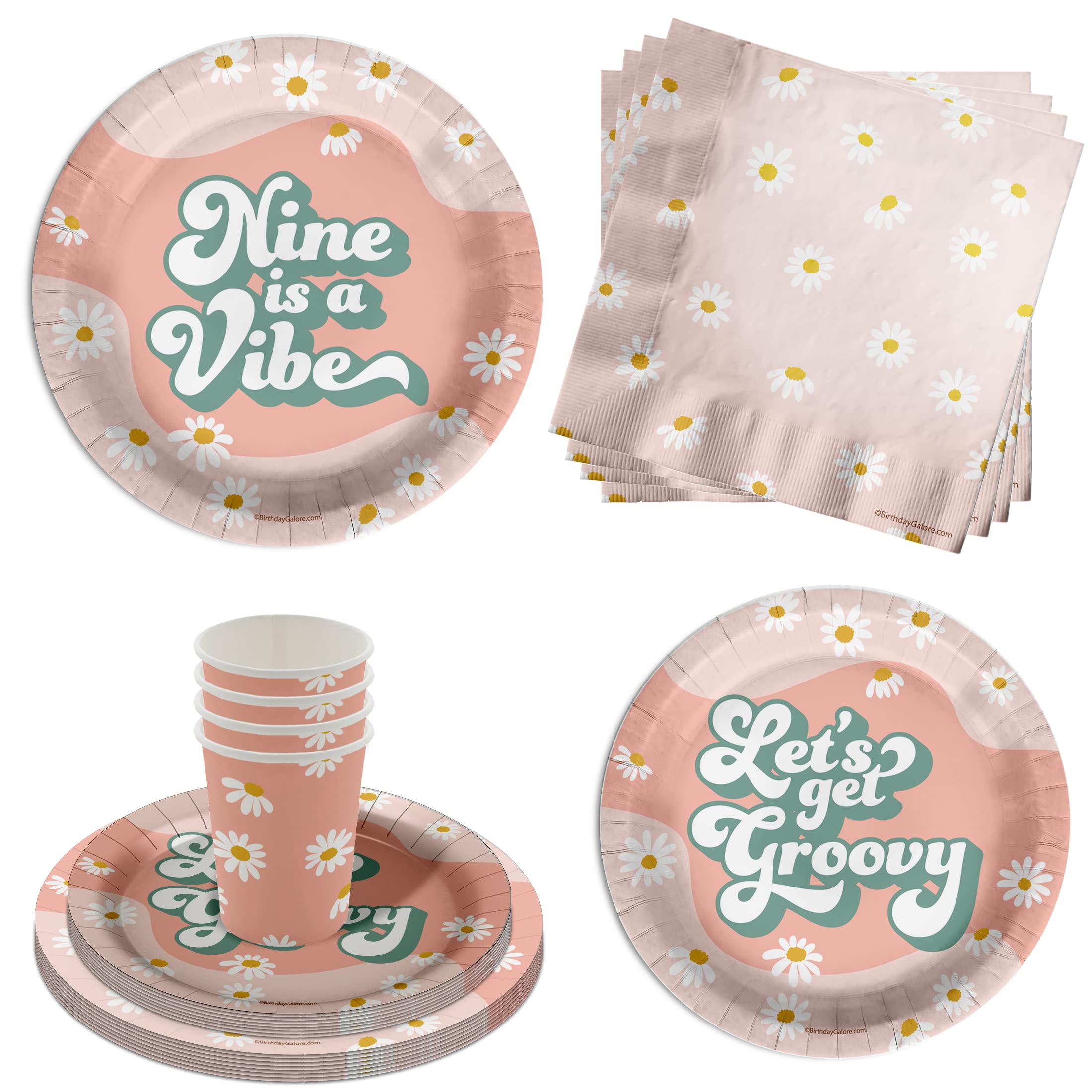Nine is a Vibe Groovy 9th Birthday Party Supplies - 64 Piece Girls Ninth Birthday Tableware Set Includes Large 9" Dinner Plates and 8" Dessert Paper