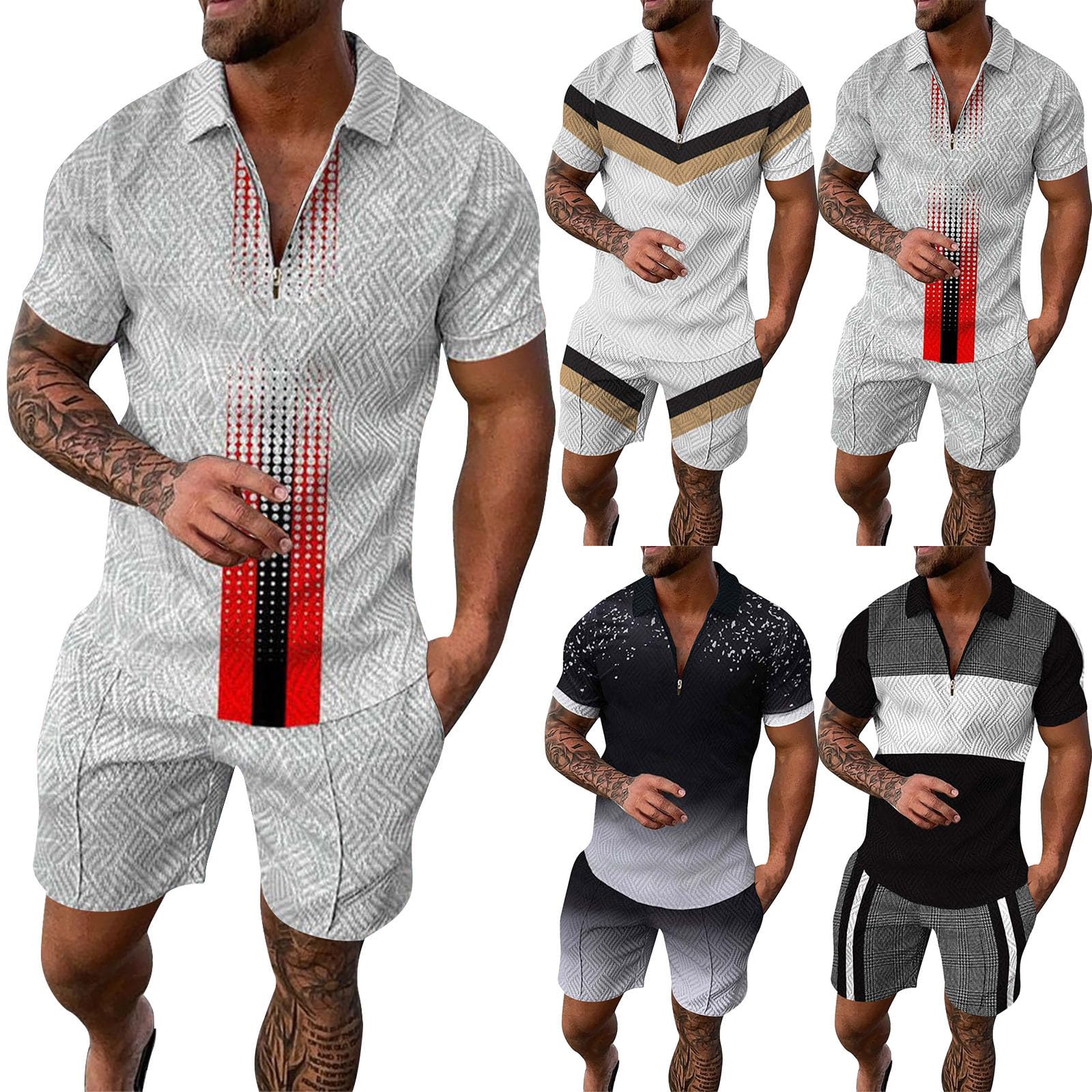 Herren Trainingsanzug Set 2-teilige Poloshirts Freizeitshorts Atmungsaktives Joggeranzug Drucken Funktionsanzug Herrenshirts Mode Sportshorts Reißverschluss Freizeitanzug für Outdoor