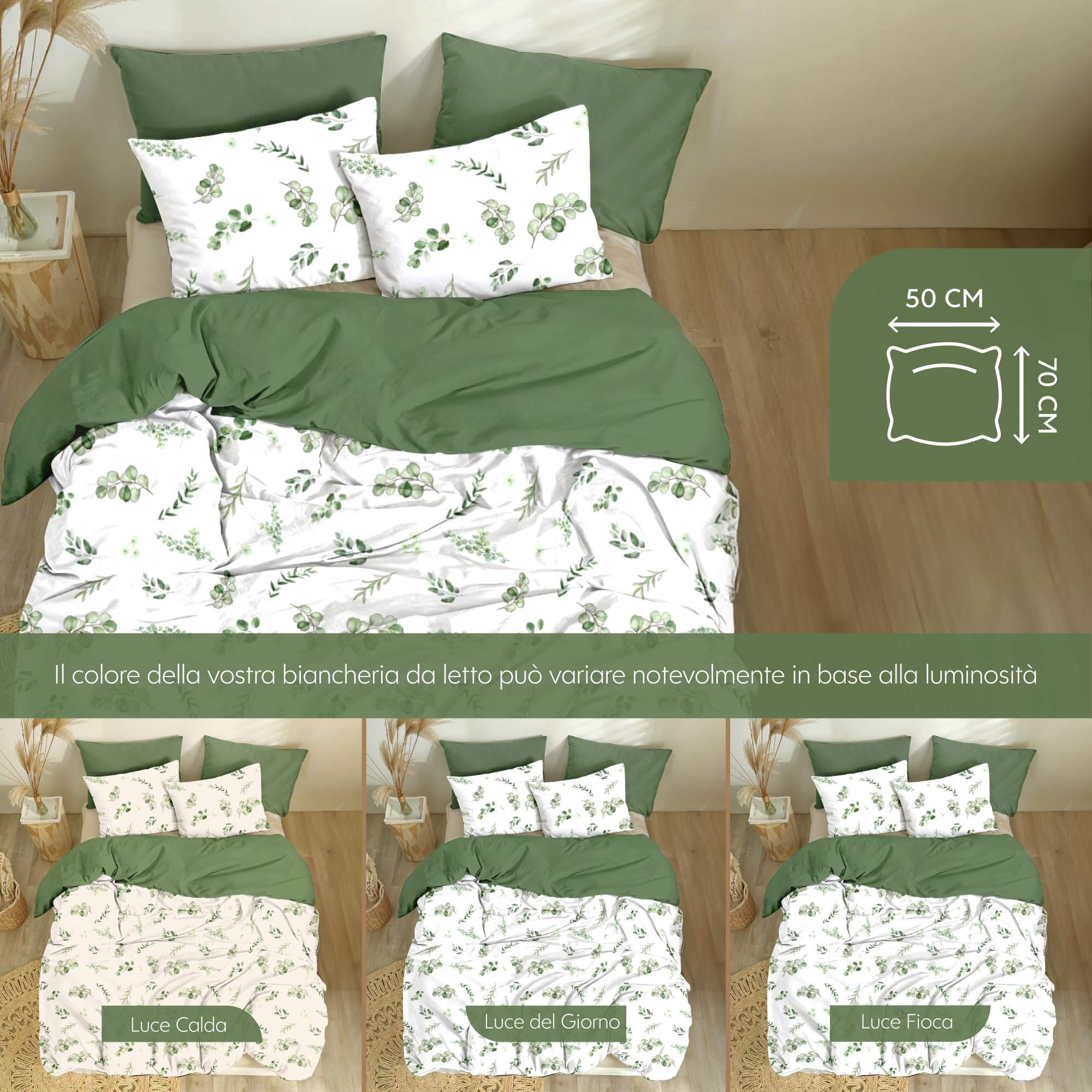 Dreamzie Copripiumino Matrimoniale 200x200 cm con 2 Federe 50x70 cm - In Microfibra - Motivo Botanico Verde Salvia - Set Copripiumino Matrimoniale 200x200