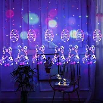 Dazzle Bright Easter Lights, 222LED 9FT Pastel Rabbit and Eggs Curtain String Lights with 8 Modes, Plug in Easter Decorations for Indoor Window Outdoor Party Decor (Multi-Colored)