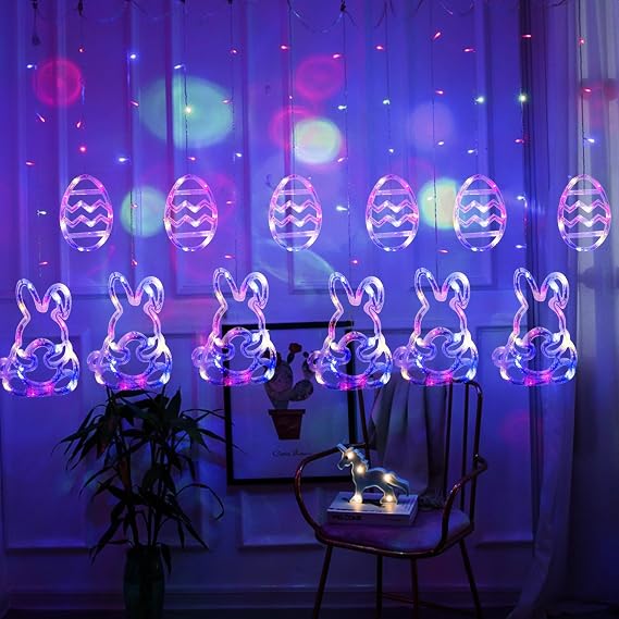 Dazzle Bright Easter Lights, 222LED 9FT Pastel Rabbit and Eggs Curtain String Lights with 8 Modes, Plug in Easter Decorations for Indoor Window Outdoor Party Decor (Multi-Colored)