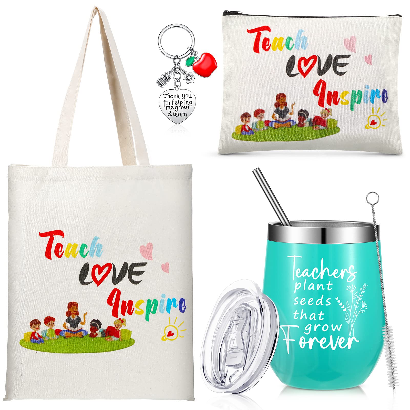 Hillban 4 Pcs Teacher Appreciation Gift for Women 12oz Teacher Tumbler Teacher Tote Bag Makeup Cosmetic Bag Keychain Thank You Gift for Teacher Birthday Back to School(Classic Style)