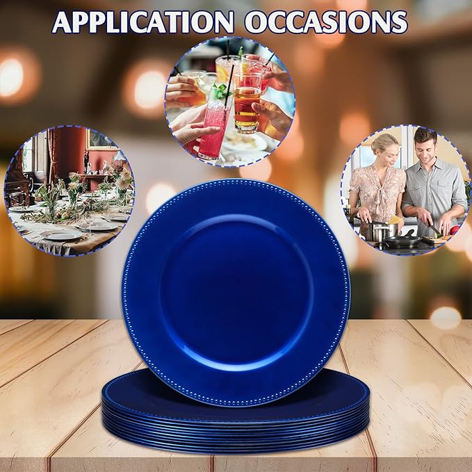 12 Platos Cargadores Metálicos con Cuentas Azul Océano 33 cm Plástico miniatura 6
