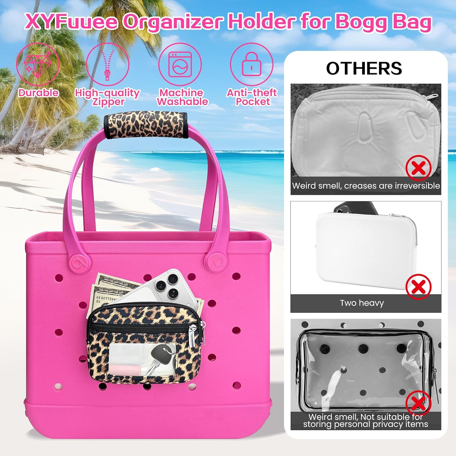 XYFuuee Phone Holder& Strap Wrap for Bogg Bag Accessories, 6 Pockets Organizer Wallet Pouch, Crossbody Shoulder Long Strap Compatible with Bogg& Simple Modern Rubber Tote Beach Bag Accessories