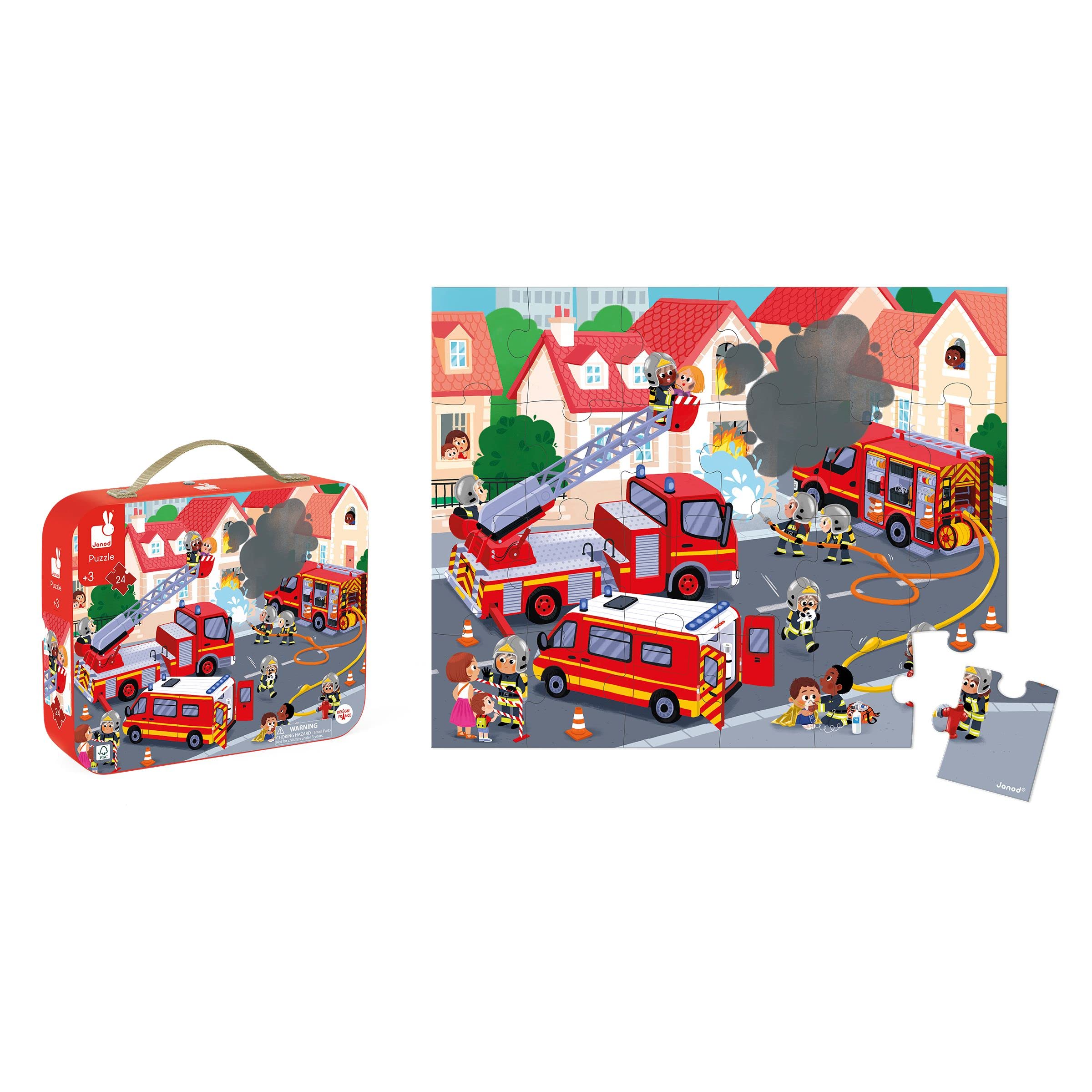 Janod 24-teiliges Kinderpuzzle – Feuerrettung – Geschenktasche mit Stoffgriff – Klassische Kunstsammlung – Alter 3–5 Jahre – J02530