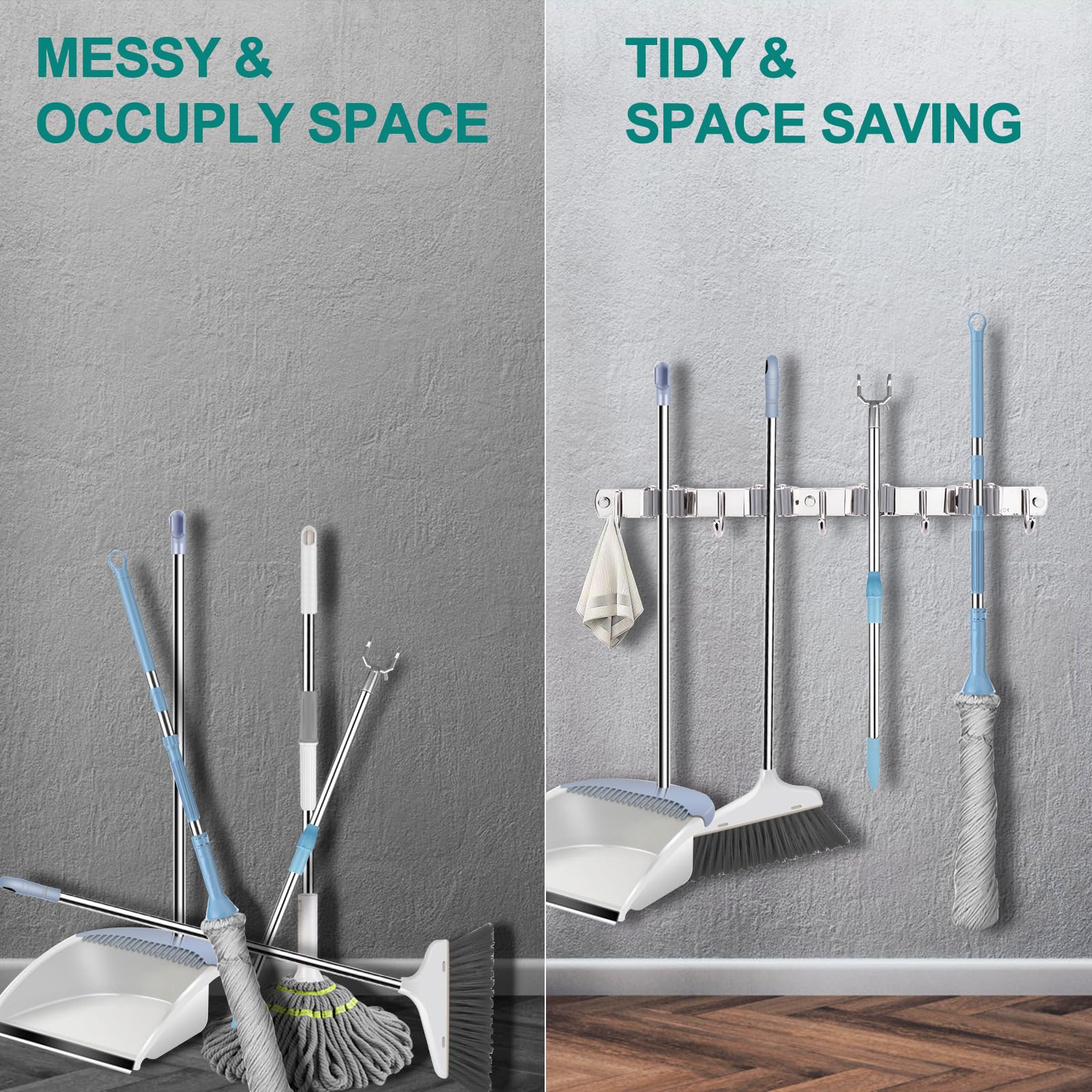 OCGIG 2 Pack Mop And Broom Holder, Wall Mounted Metal Hanger Organization Storage Heavy Duty Tool Organizer For Garage Home Kitchen Laundry Garden (4 Racks And 5 Hooks - View #3