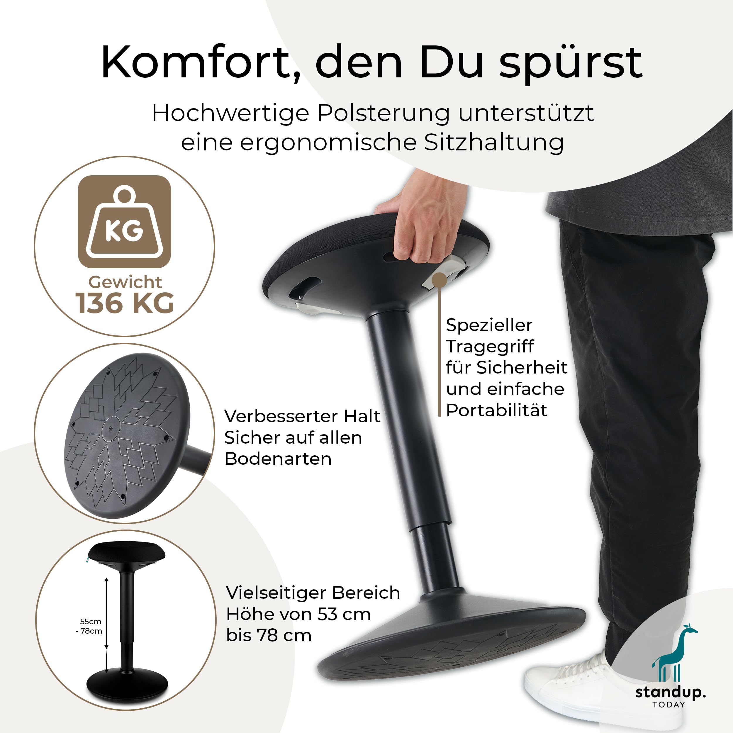 standup.Today Wackelhocker Ella (Schwarz/Schwarz) – Sitzhocker höhenverstellbar 55-80 cm – Ergonomischer Hocker für Büro & Zuhause – Bürohocker mit Schwingeffekt – Schreibtischhocker