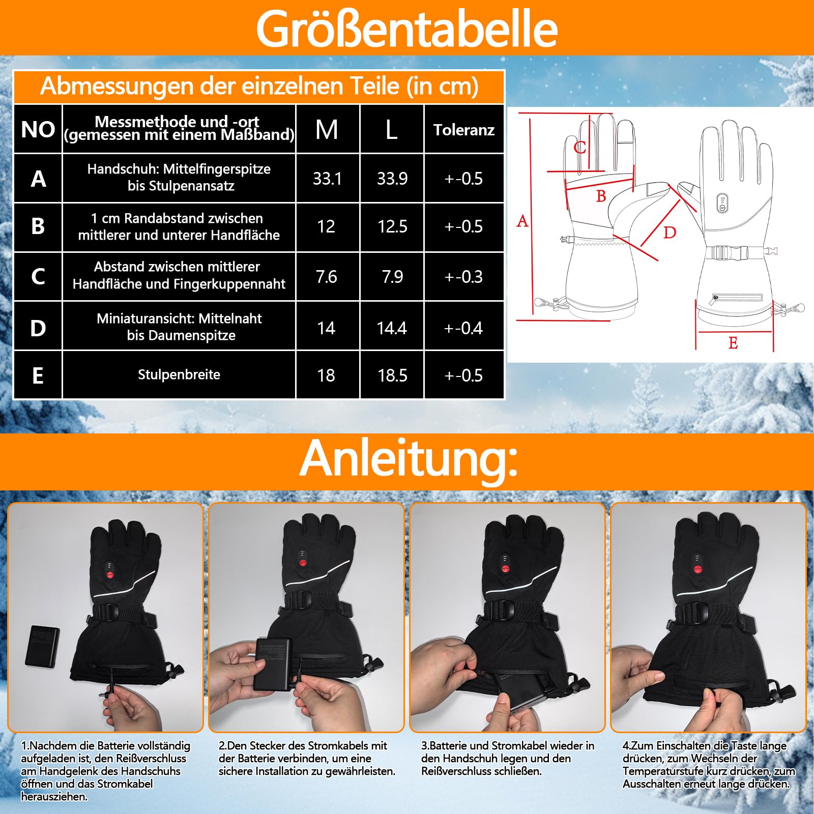 Beheizbare Handschuhe, 5000mAh Akku USB Wiederaufladbare Heizhandschuhe für Damen und Herren, 3 Heizstufen, wasserdichte Motorradhandschuhe zum Skifahren, Radfahren und Wandern