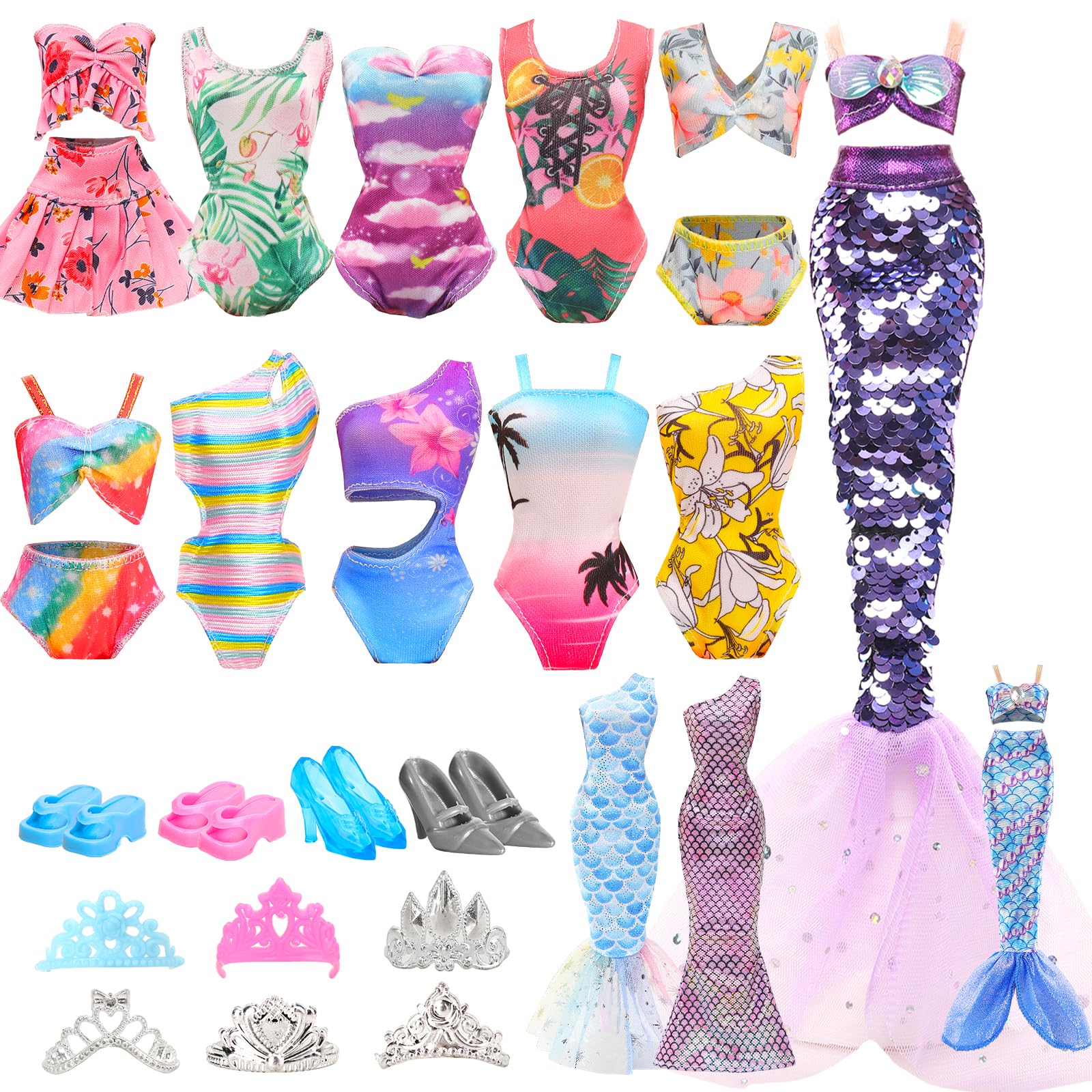 Miunana 18 pcs Doll Clothes and Accessories Include 2 Fishtail Dresses 2 Mermaid Tail Swimsuits 4 Fashion Bikini Swimsuits 2 Slippers 2 High Heels 6 Crowns Random Style for 11.5 inch Girl Dolls