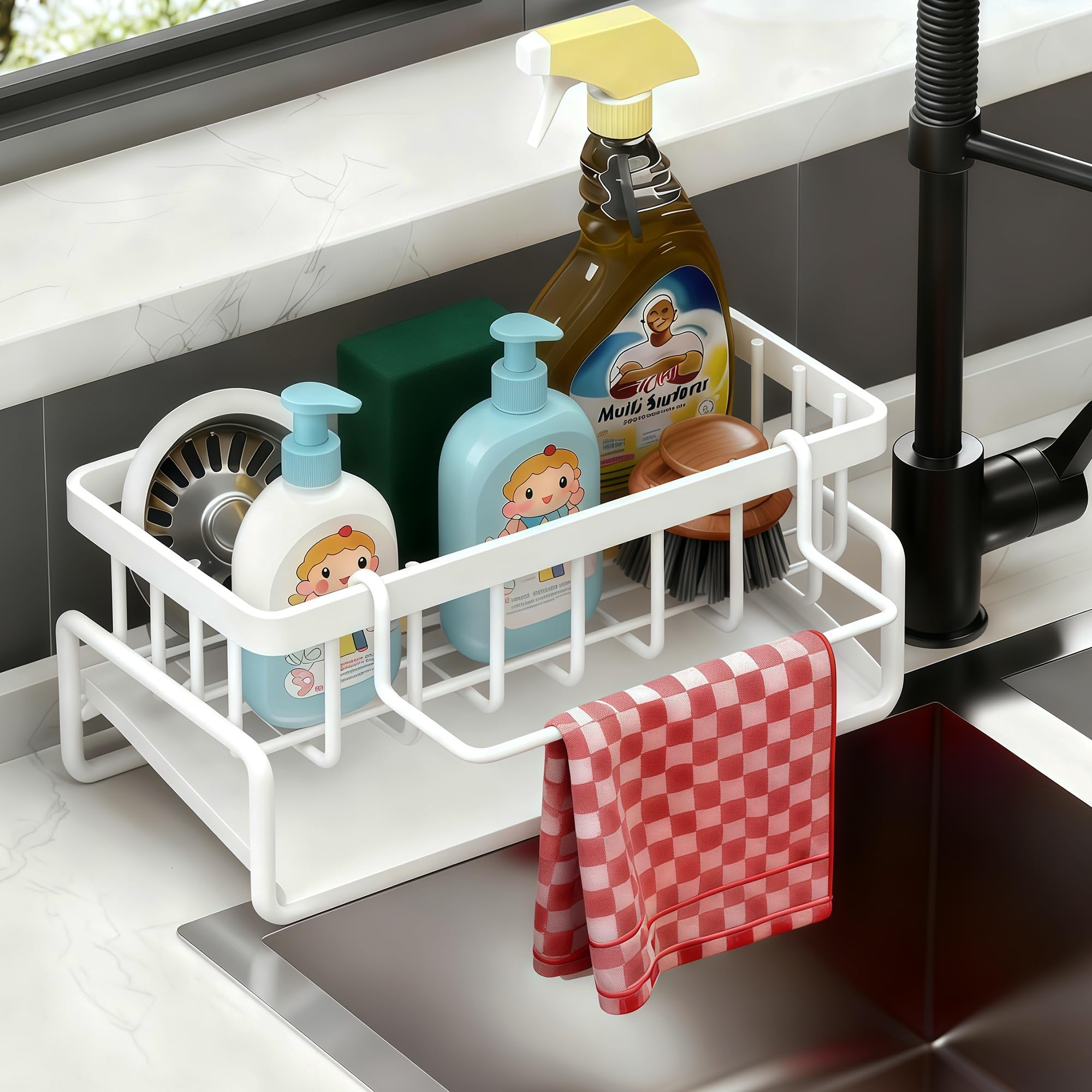 Sponge Holder for Kitchen Sink Caddy Organizer Rack for Kitchen Accessories Soap Dispenser Countertop Organizer Essentials for Home