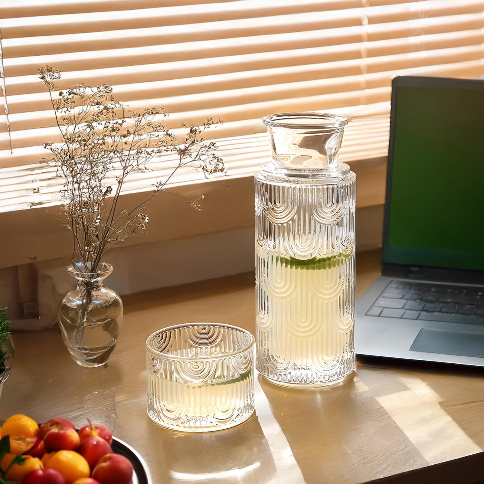Diseño moderno, perfecto para baño, mesita de noche, cocina, más, jarra de agua de 640 ml y vidrio de 180 ml, jarra de cristal vintage europea con juego de tazas