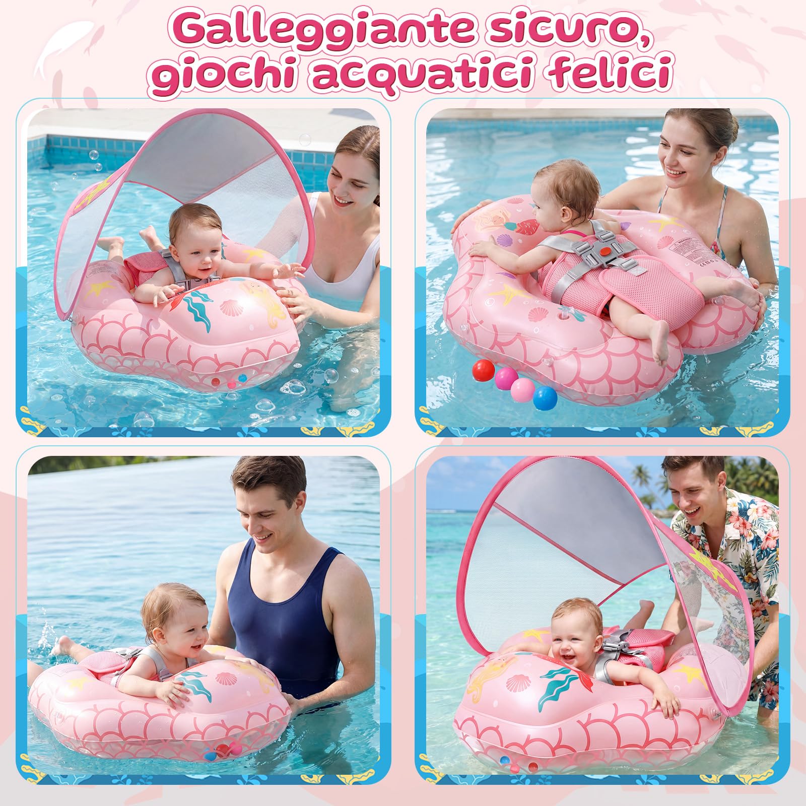 IEEILULU Salvagente Neonato, Ciambella Neonato Mare con Parasole Olare Rimovibile UPF50+, Salvagente Bambino con Adesivo di Riparazione per Piscina, Spiaggia, Vacanze da 6 a 36 Mesi
