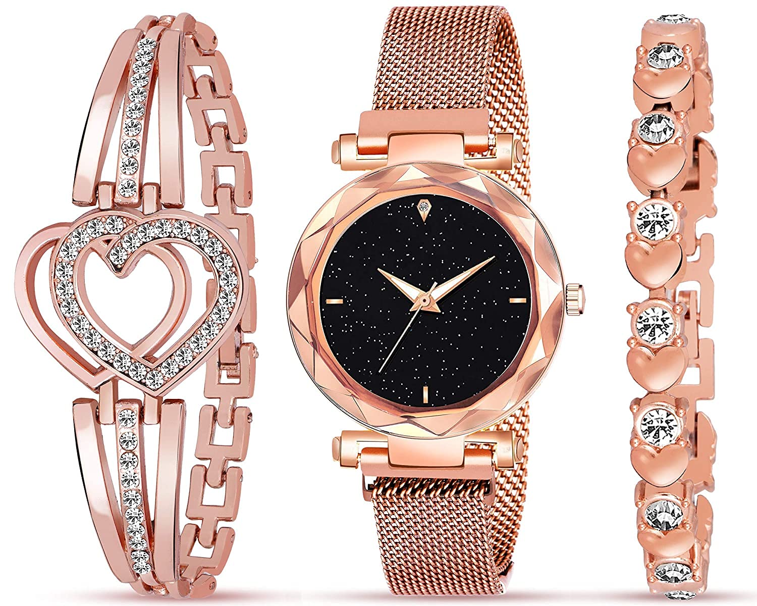 feron Analogue Diamond Studded 4 Point Dial Magnet with braslate Combo Watch for Women analoug Watch or Girls and Watch for Girl (Combo of 3)