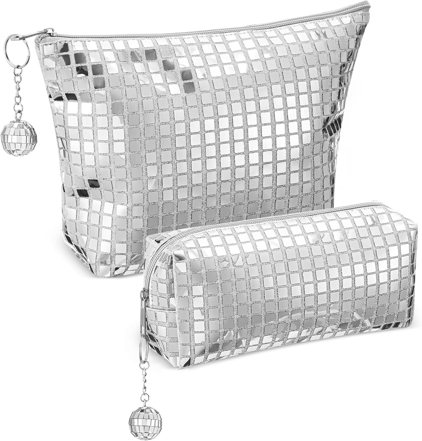 Reginary 2 Pcs Disco Cosmetic Makeup Bags Women Silver Glitter Sequin Mirror Bag Large Travel Handbag with Disco Ball Zipper Storage Makeup Bag for Christmas New Year Bridal Bachelorette Party Gifts