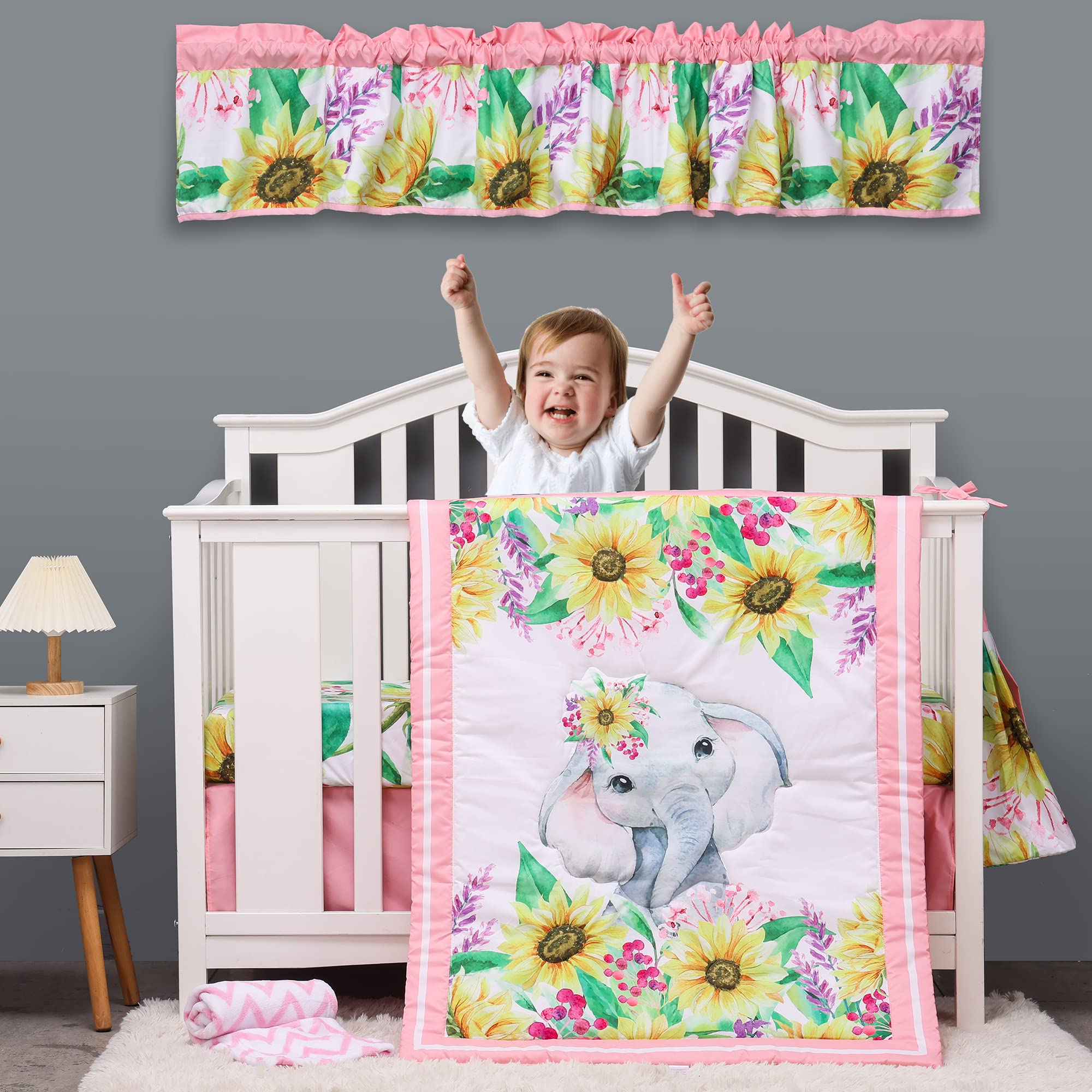 Brandream Juego de ropa de cama para cuna de elefante, girasol, para niñas, bohemio, rústico, elegante, floral, ropa de cama para guardería, rosa, amarillo, gris, juego de sábanas para bebé, 6 piezas