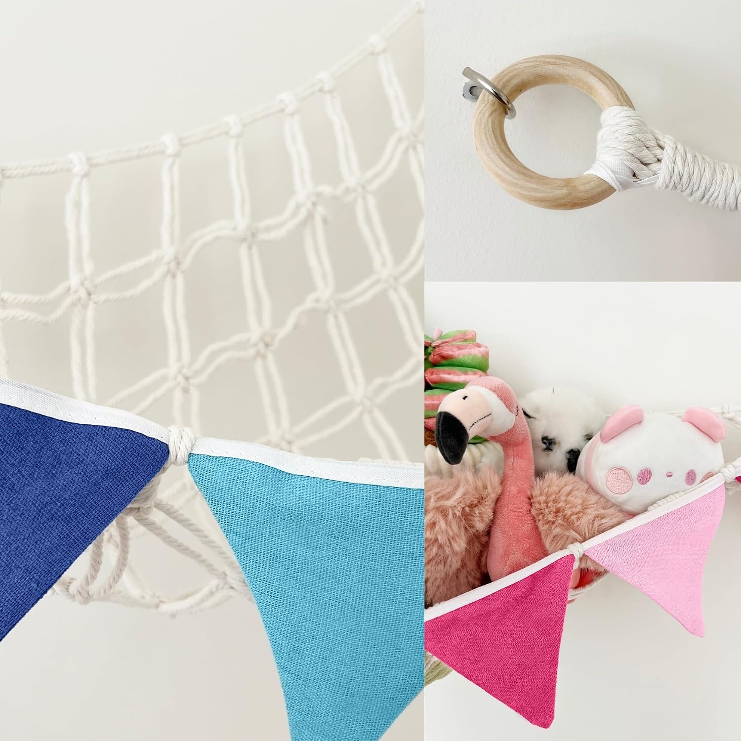 Stuffed Animal Hammock Corner - Large Stuffy Storage With Colorful Flags - Squishie Storage and Plushie Net Stuffed Animal Hammock (Pink)