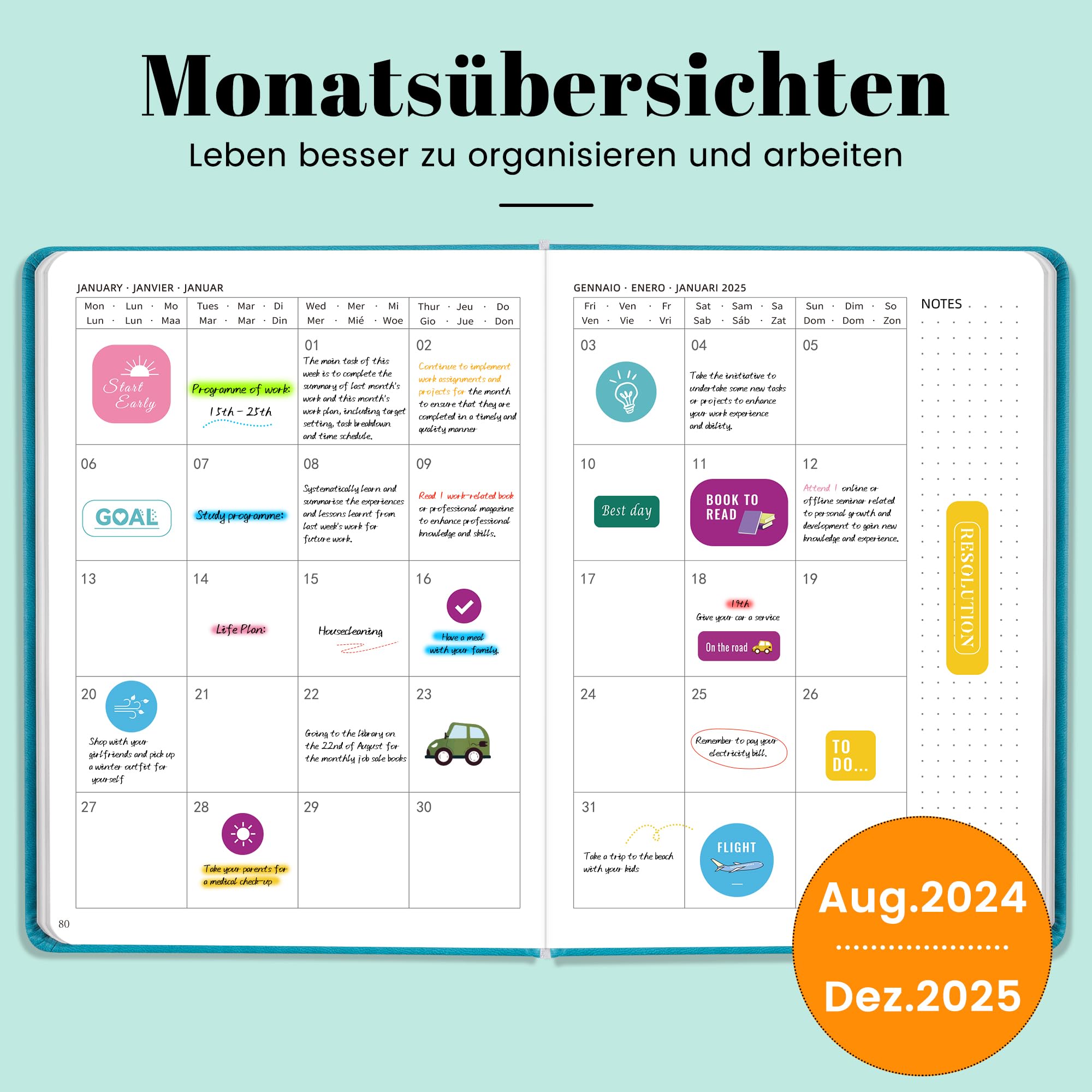 Jokisa Agenda 2025, Agenda Settimanale Con Passante per Penna, Chiusura Elastica e Adesivi, Agenda Giornaliera Intervalli di 30 Minuti, Ago.2024-Dic.2025 (22 x16 cm)