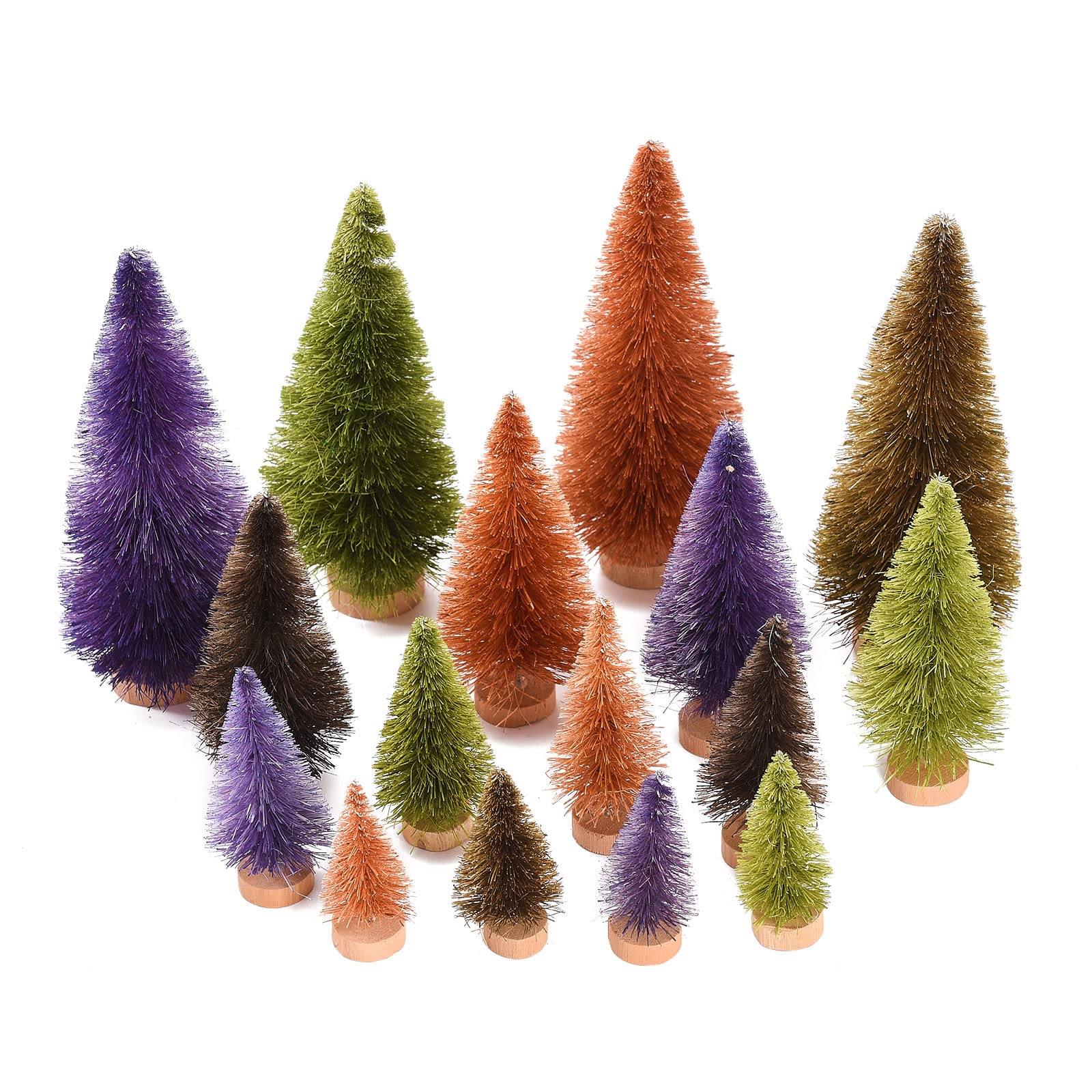 HGUIM 16PCS Artificial Mini Christmas Pine Trees Miniature Sisal Trees with Wood Base Christmas Bottle Brush Trees for DIY Room Decor Home Table Top Decoration, Mulcolor