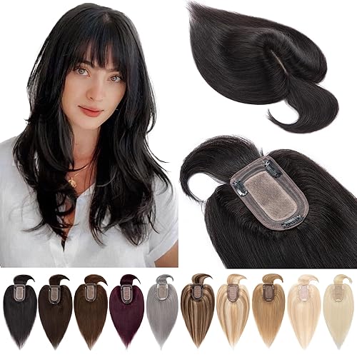 Toppers para el cabello para mujer, cabello humano real con flequillo, base de seda, 150 % de densidad, extensiones de cabello con clip, piezas de
