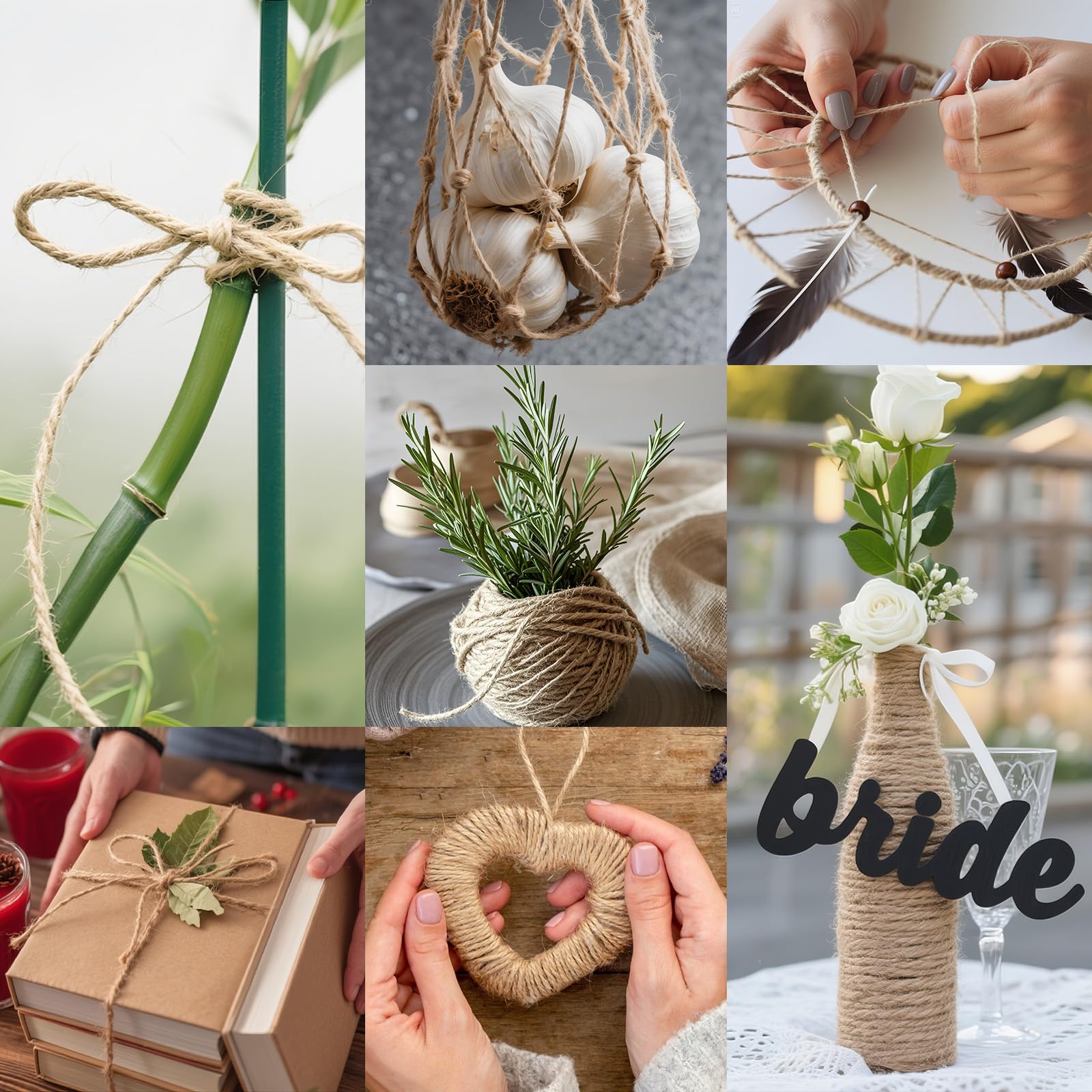 10 cuerdas de cuerda de yute de 600 pies de largo, cuerda de yute, cordel para manualidades, envoltura de cordel de cáñamo, embalaje de jardinería, decoración de macramé de punto de ganchillo, 2 mm,