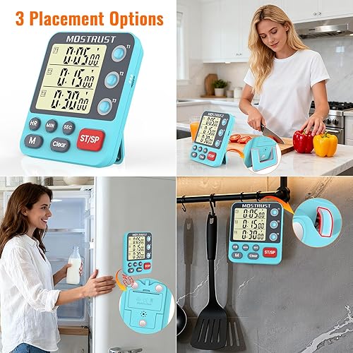 Miniatura 6 de Temporizador digital de cocina doble, temporizador triple de cuenta regresiva de 3 canales para cocinar, volumen de alarma ajustable de pantalla