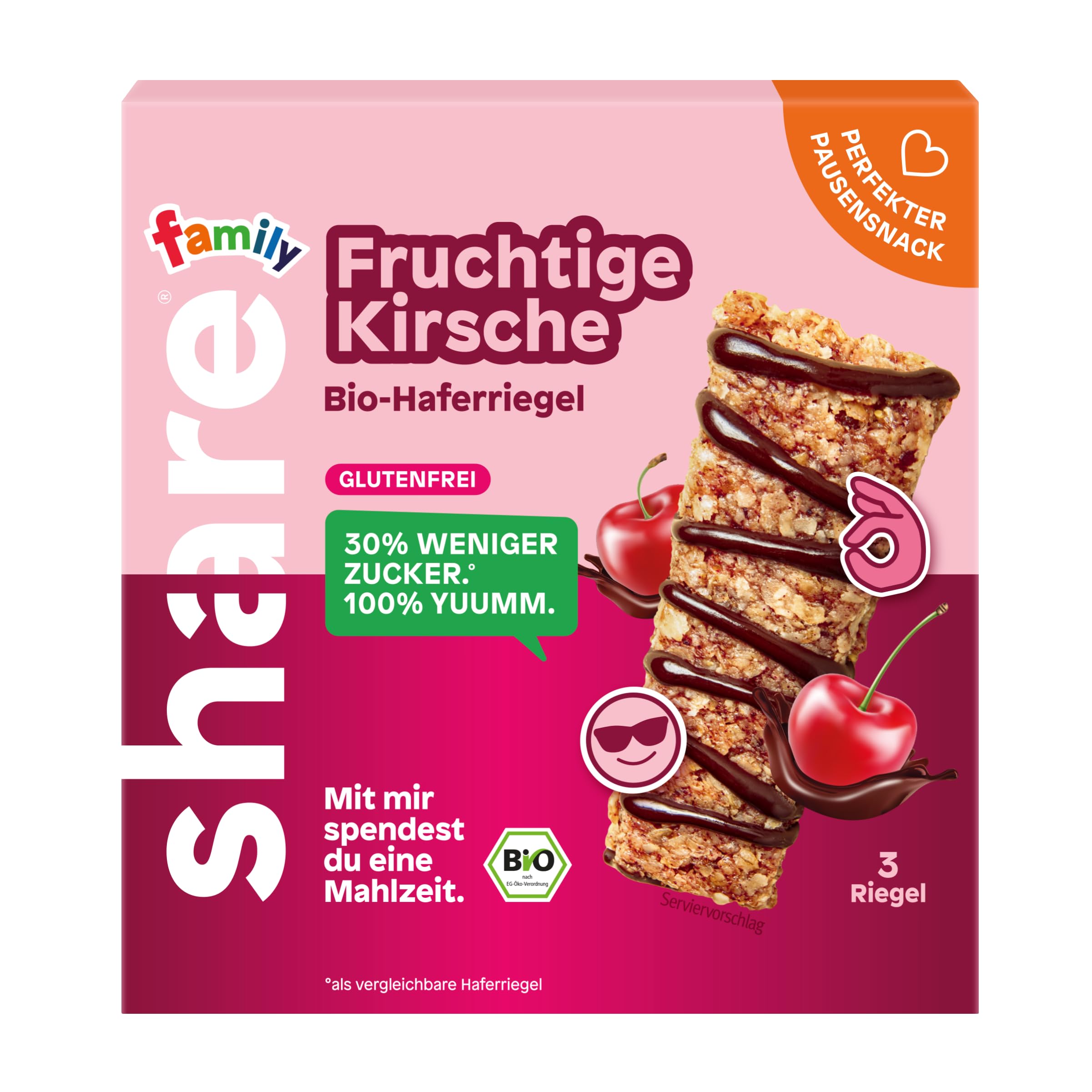 share Family Bio Bar Fruchtige Kirsche Haferriegel 12x(3x25g) | Vegan, Glutenfrei, Zuckerreduziert, Ballaststoffreicher Müsliriegel Snack für Kinder – Jeder Kauf spendet
