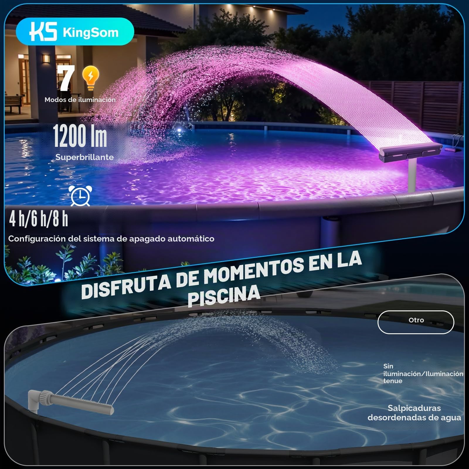 KingSom Fuente de Piscina con Luces de Colores, Fuente Piscina Cascada Recargable con Botones y Control Remoto, 10000 mAh Fuente de Luces para Piscina Elevadas y Enterradas, Fuente de Agua-Violeta