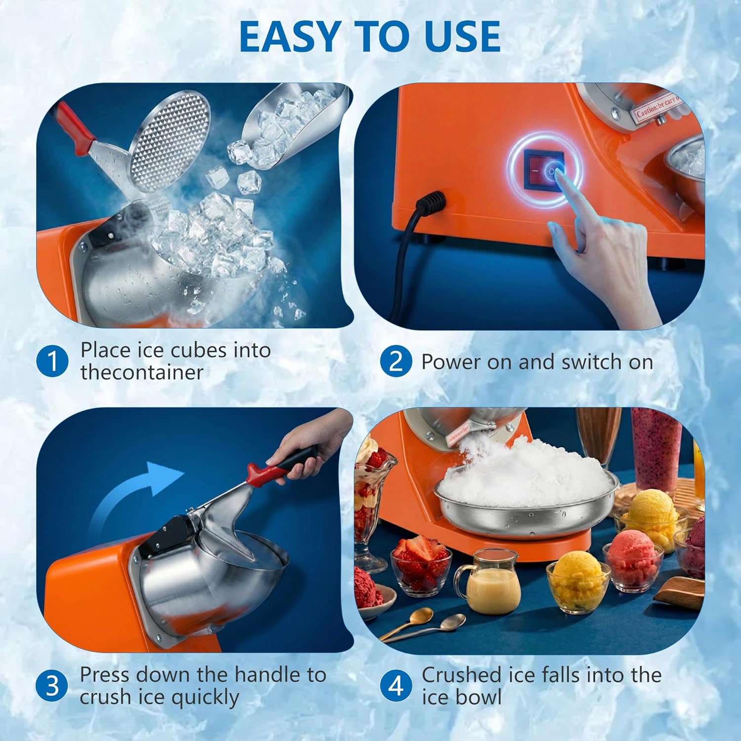 ZENY Electric Ice Crushers 300W 2000r/min w/Stainless Steel Blade Shaved Ice Snow Cone Maker Kitchen Machine (Orange)