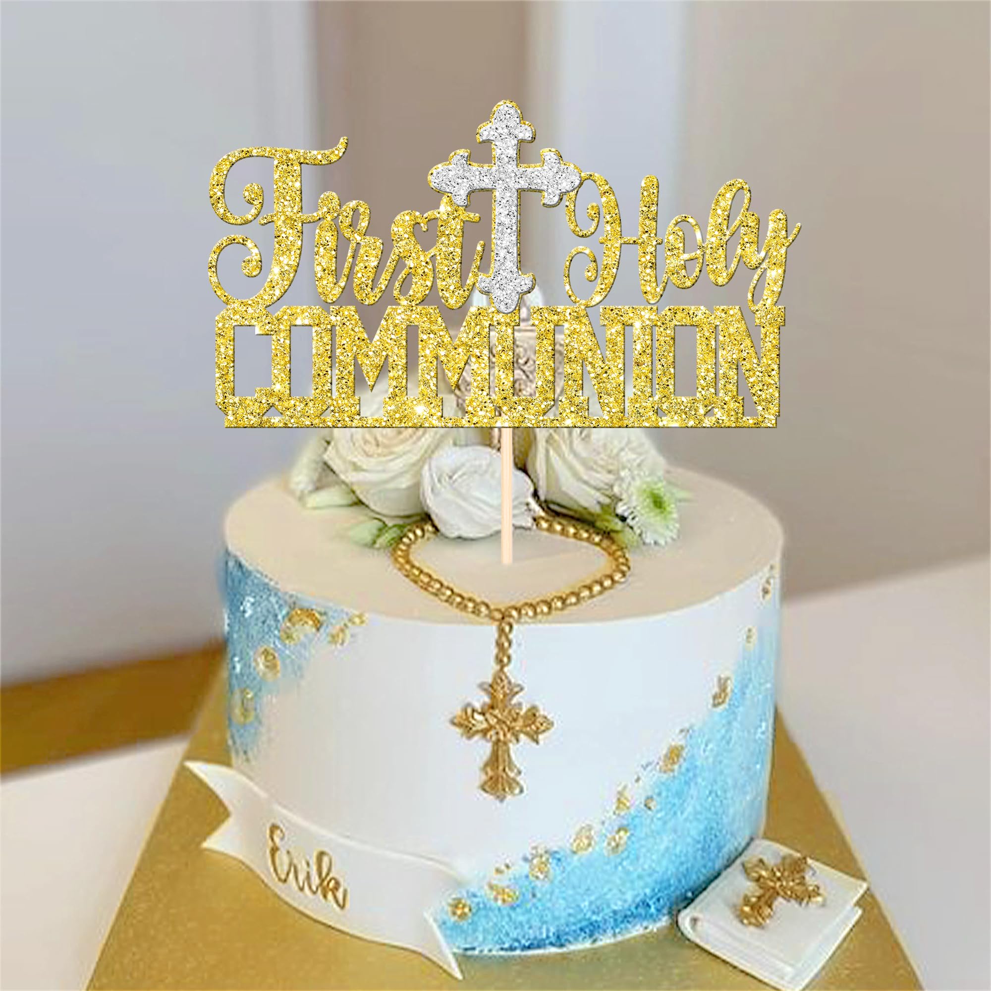 Topper Torta Croce E Angelo | 23 Decorazioni Per Comunione, Battesimo E Baby Shower, Oro E Bianco