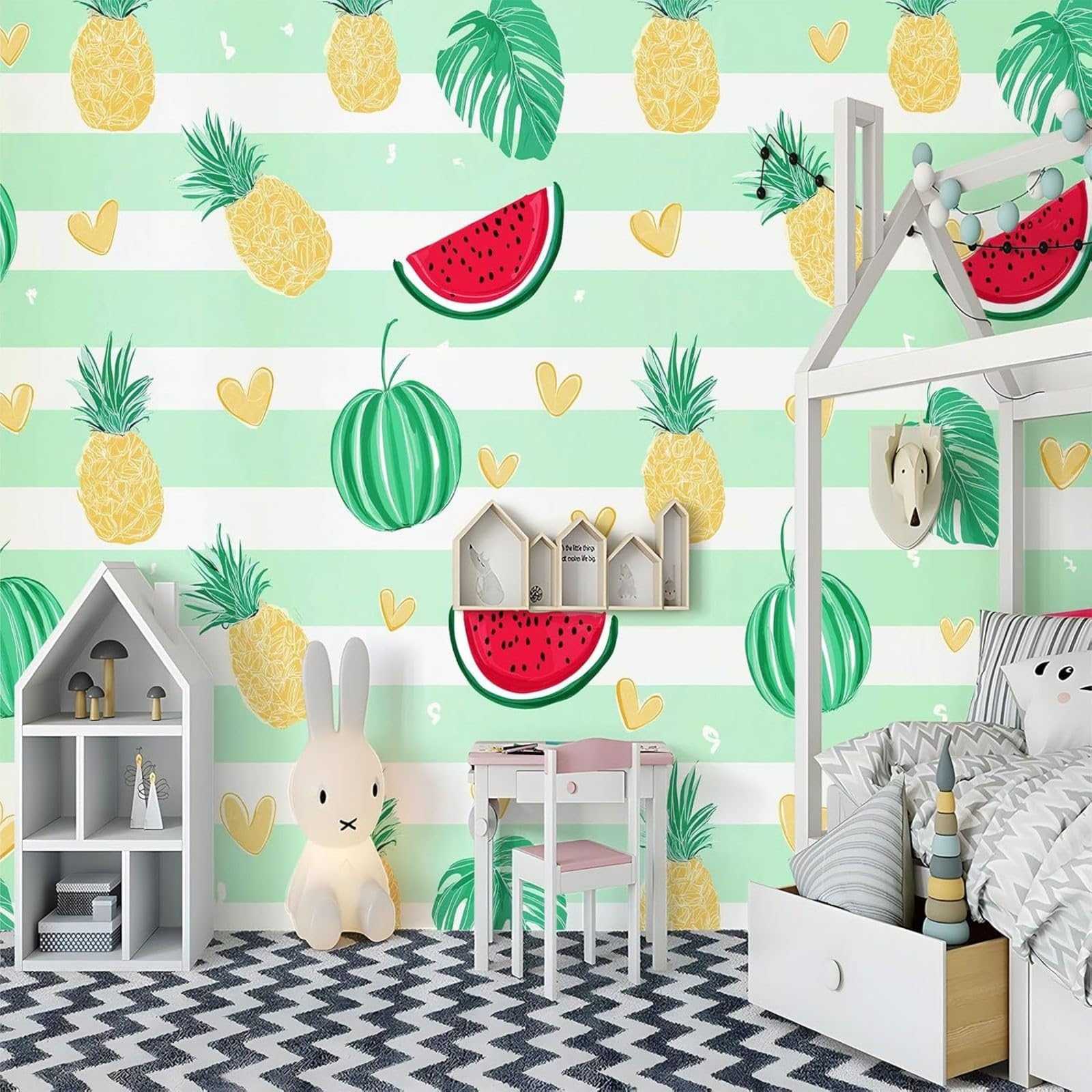 Photo wallpaper Summer Fruits Heart Green Cartoon Watermelon Pineapple, Non-woven wallpaper for living room bedroom children's room – Wall decoration, 300cm x 210cm Stickers - Frameless Painting - Pos