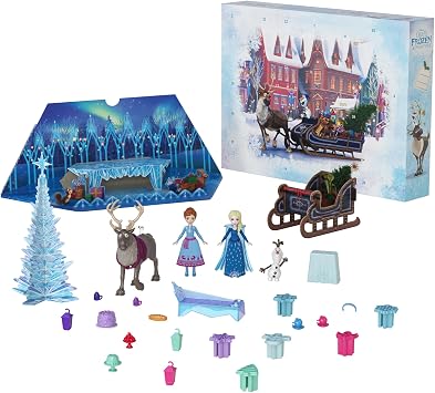 Mattel Disney Frozen Toys, Anna & Elsa Small Doll Advent Calendar with 2 Friend Figures, Moldable Sand & 24 Play Pieces, Inspired by Olafs Frozen Adventure