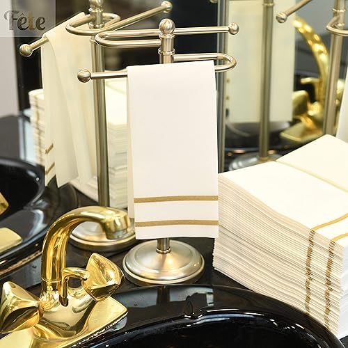 Miniatura 7 de Fete Toallas de mano decorativas desechables, diseño dorado, 100 toallas de invitados de lino  Cena formal, aniversario y servilletas de boda para