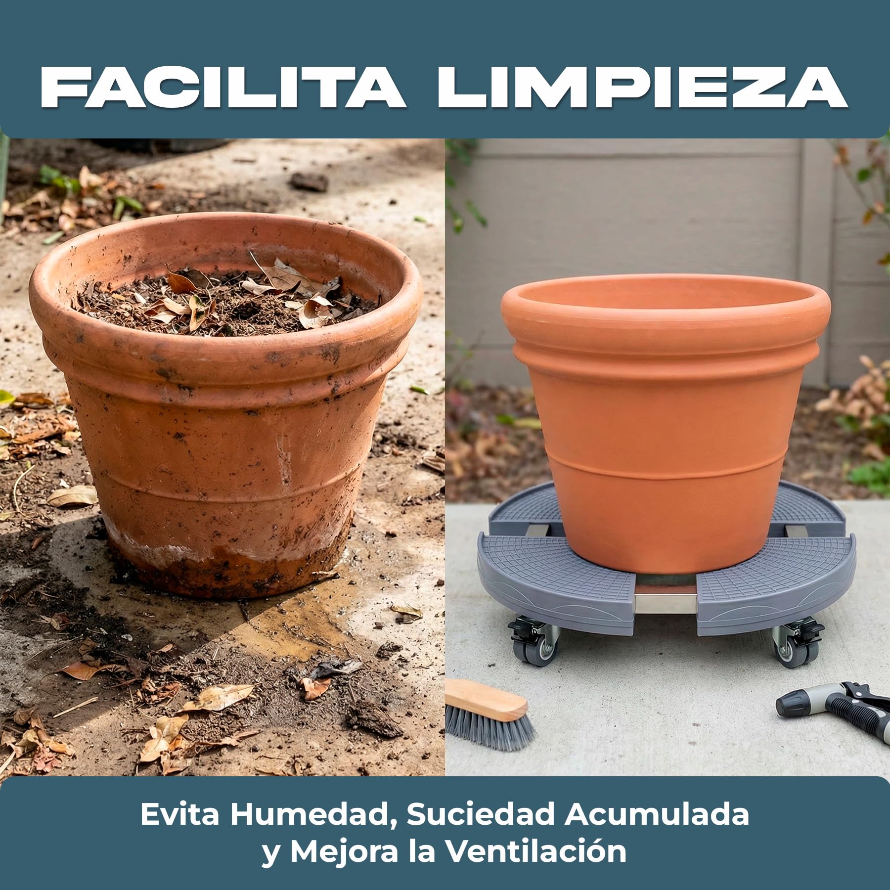 Base Redonda Ajustable 38-50 cm con Ruedas 300 KG – Plataforma Soporte ABS Alta Densidad + Acero Inoxidable – 4 Ruedas Dobles 360º con Freno – Para Macetas Grandes, Bombona Butano (SOPORTE + 4 RUEDAS)