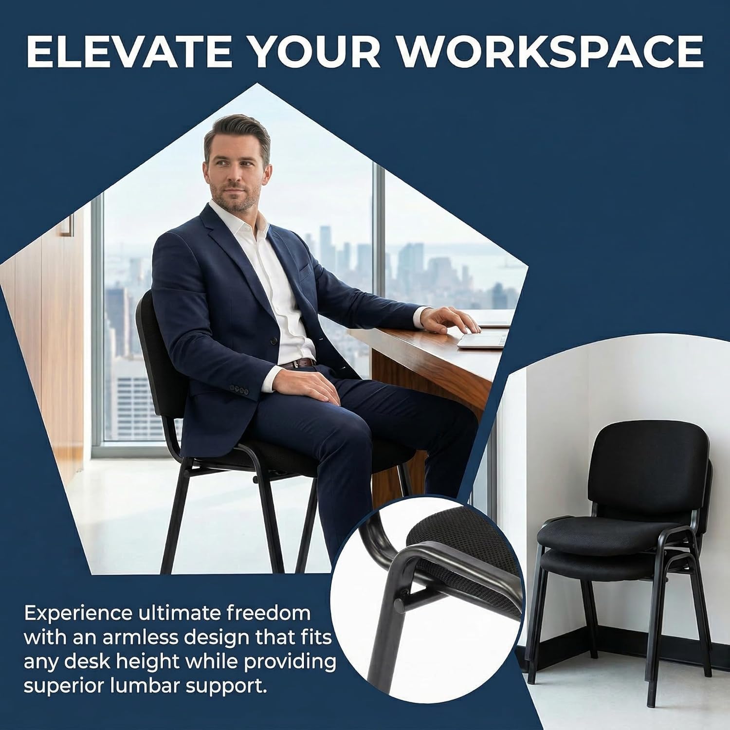 Stackable Waiting Room Chairs Set of 5, Black Mesh Conference Lobby Chairs No Wheel, Padded Stationary Office Reception Guest Chair for Breakroom/Clinic/Church/School/Meeting/Desk