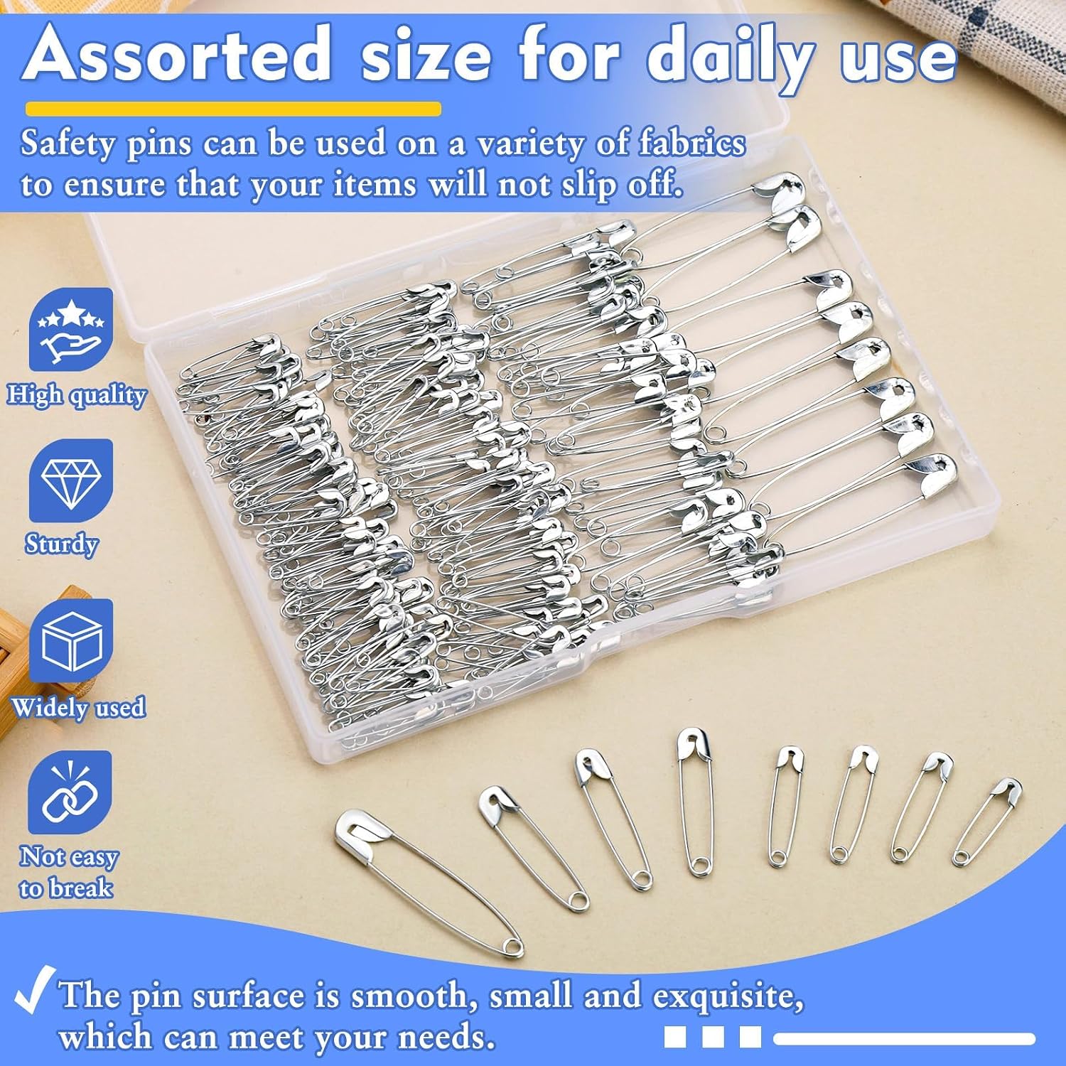 Mnuizu 200Pcs Safety Pins, 4 Size Small and Large Heavy Duty Safety Pins for Clothes, Sewing and DIY Craft