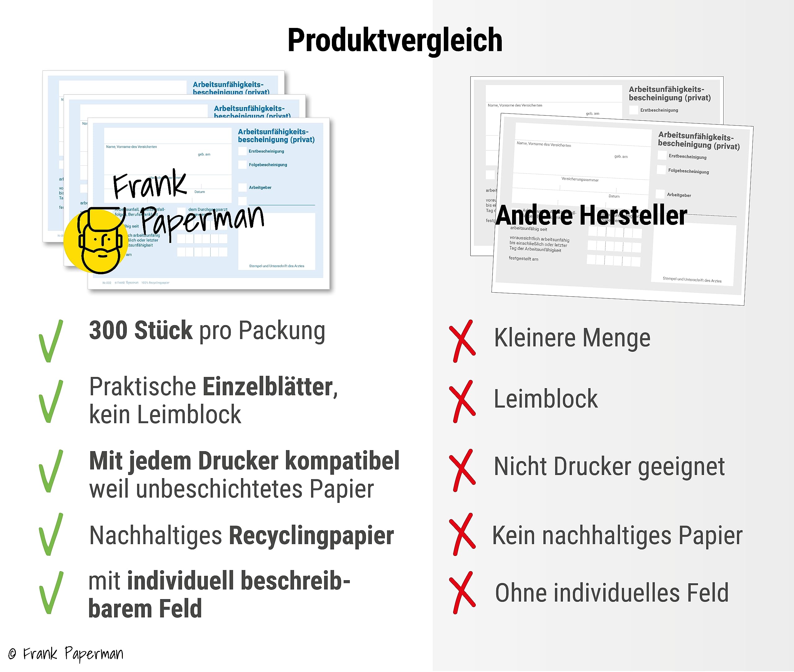150x Blatt Attest block für Krankschreibungen | ungeblockt | Vordruck Arbeitsunfähigkeitsbescheinigung im DIN-A6-Format | Arzt Zubehör