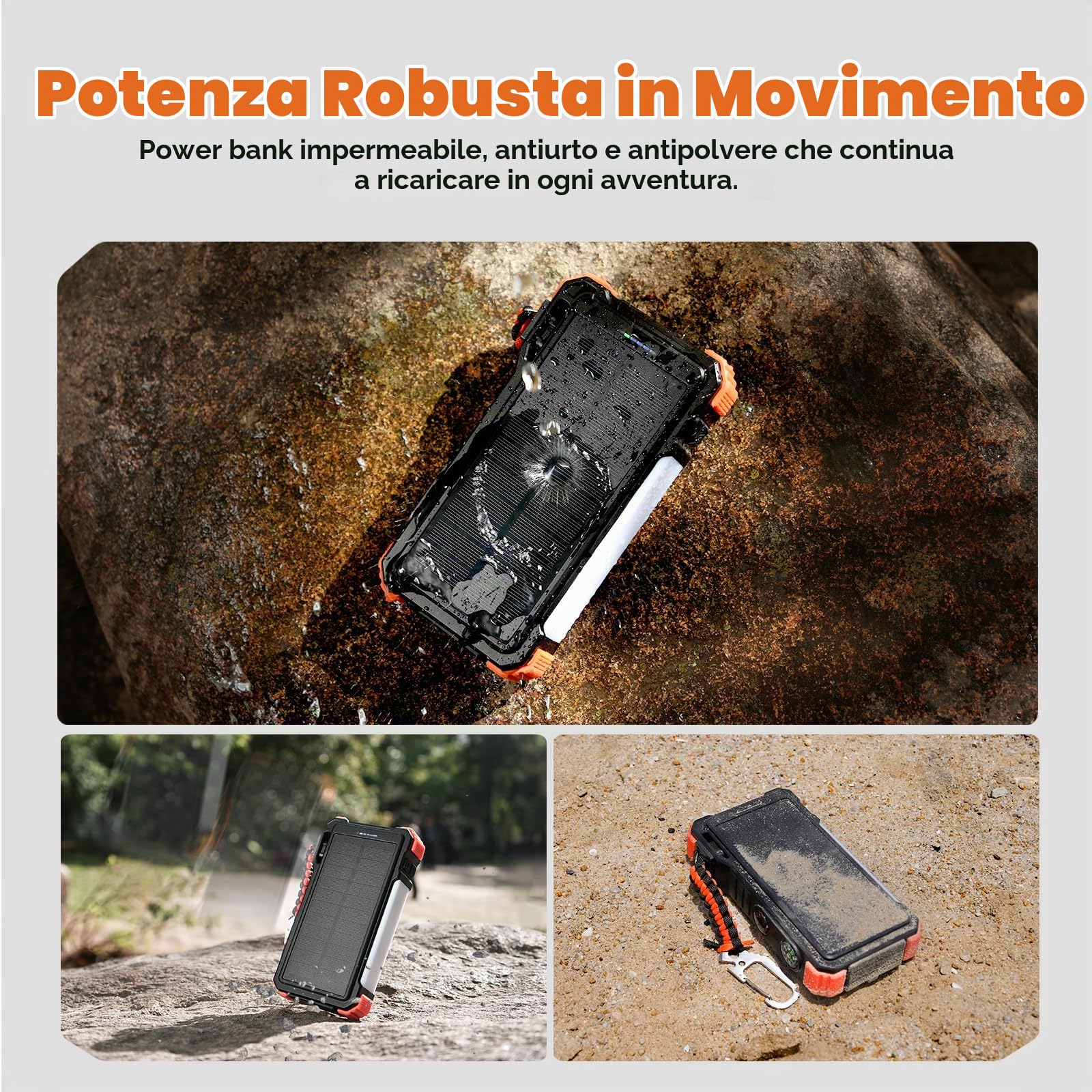 Caricabatterie Solare 20000mAh, 20W Ricarica Rapida Batteria Esterna Portatile USB C Impermeabile Power Bank con Cavi Incorporati, Luce da Campeggio, Torcia, Ricarica Wireless per Apple Watch