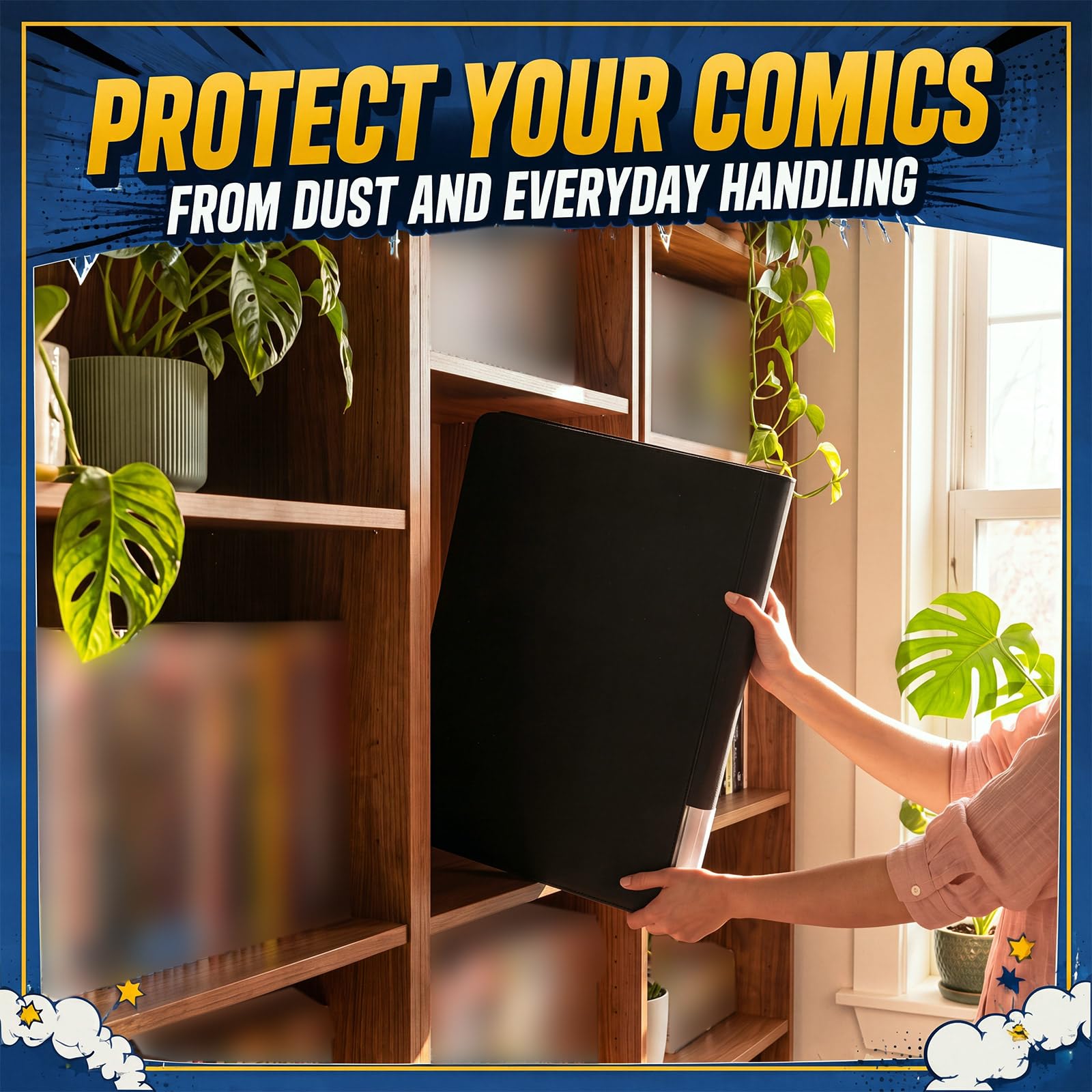 Zhehao Raccoglitore per fumetti extra large, 45 x 40 x 6 cm, in pelle PU, con 12 pagine fronte/retro e 4 tasche, può contenere fino a 96 fumetti standard, nero