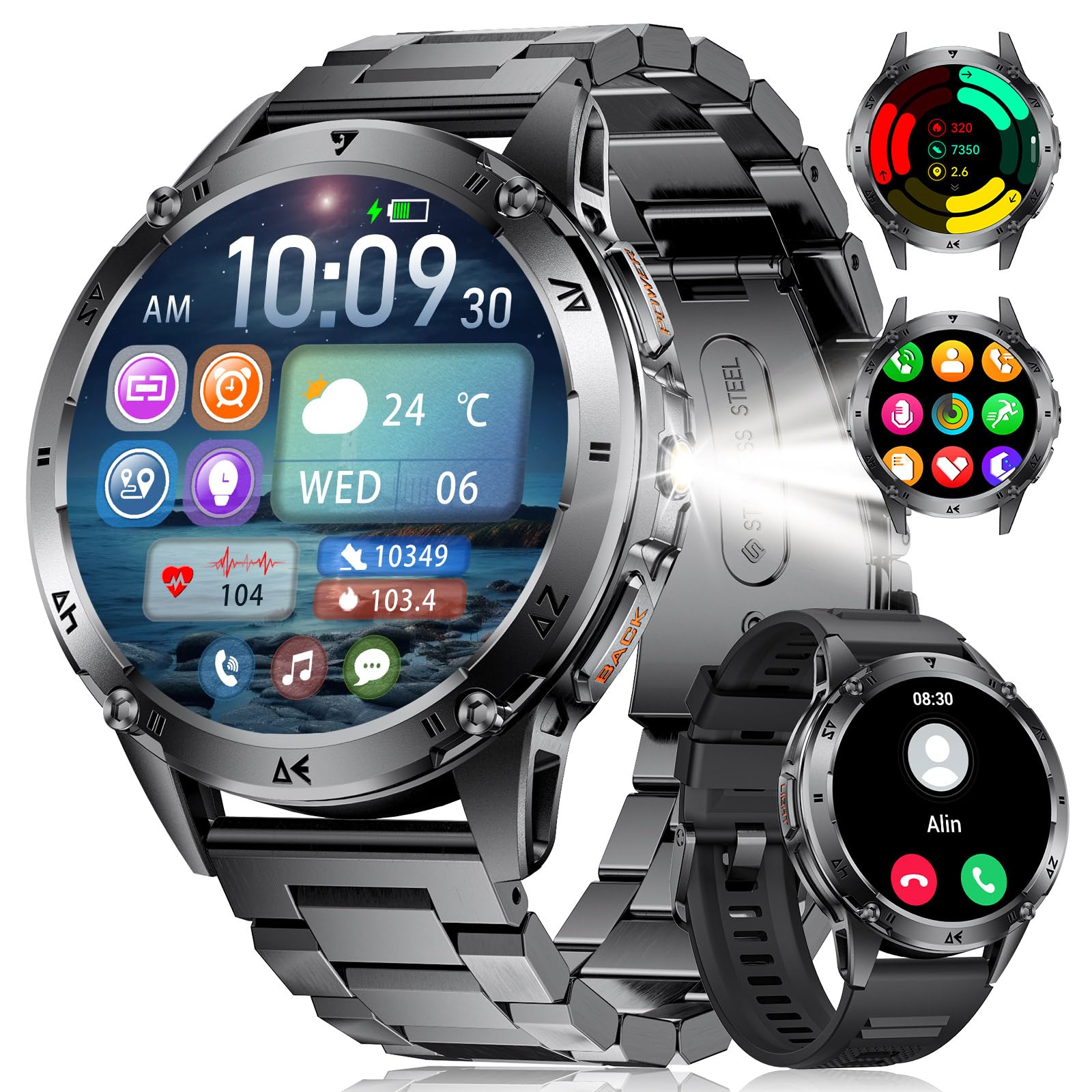 FITFLEX Smartwatch Herren Militär mit Telefonfunktion, 1,43'' AMOLED Smart Watch mit 530mAh Akku, Taschenlampe, Herzfrequenz, Schlafmonitor, 120+Sportmodi IP68 Wasserdicht Sportuhr für Android iOS