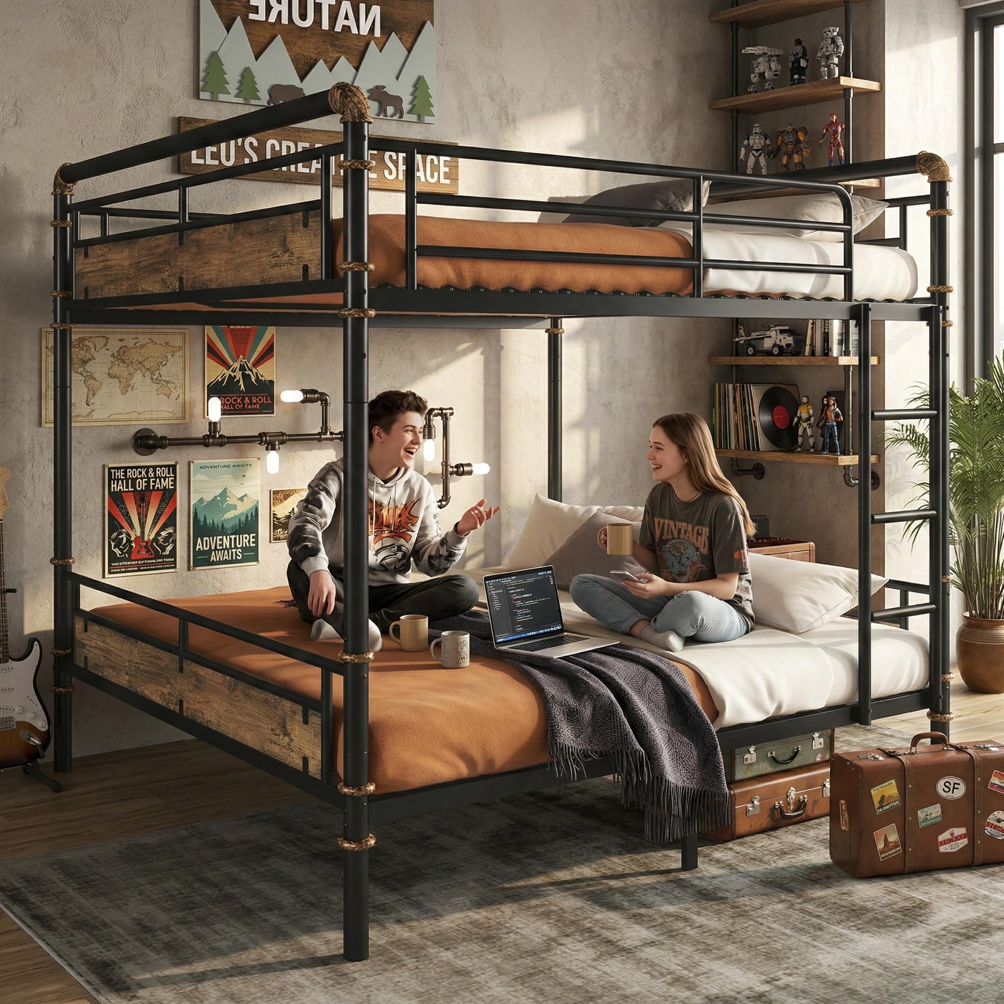 Queen Over Queen Industrial Bunk Beds for Teens or Adults, Heavy-Duty 2 in 1 Metal Convertible Bunk Bed with Ladder and Slats Support,15.9" High Guard Rail,Space-Saving,Noise Reduced,Black