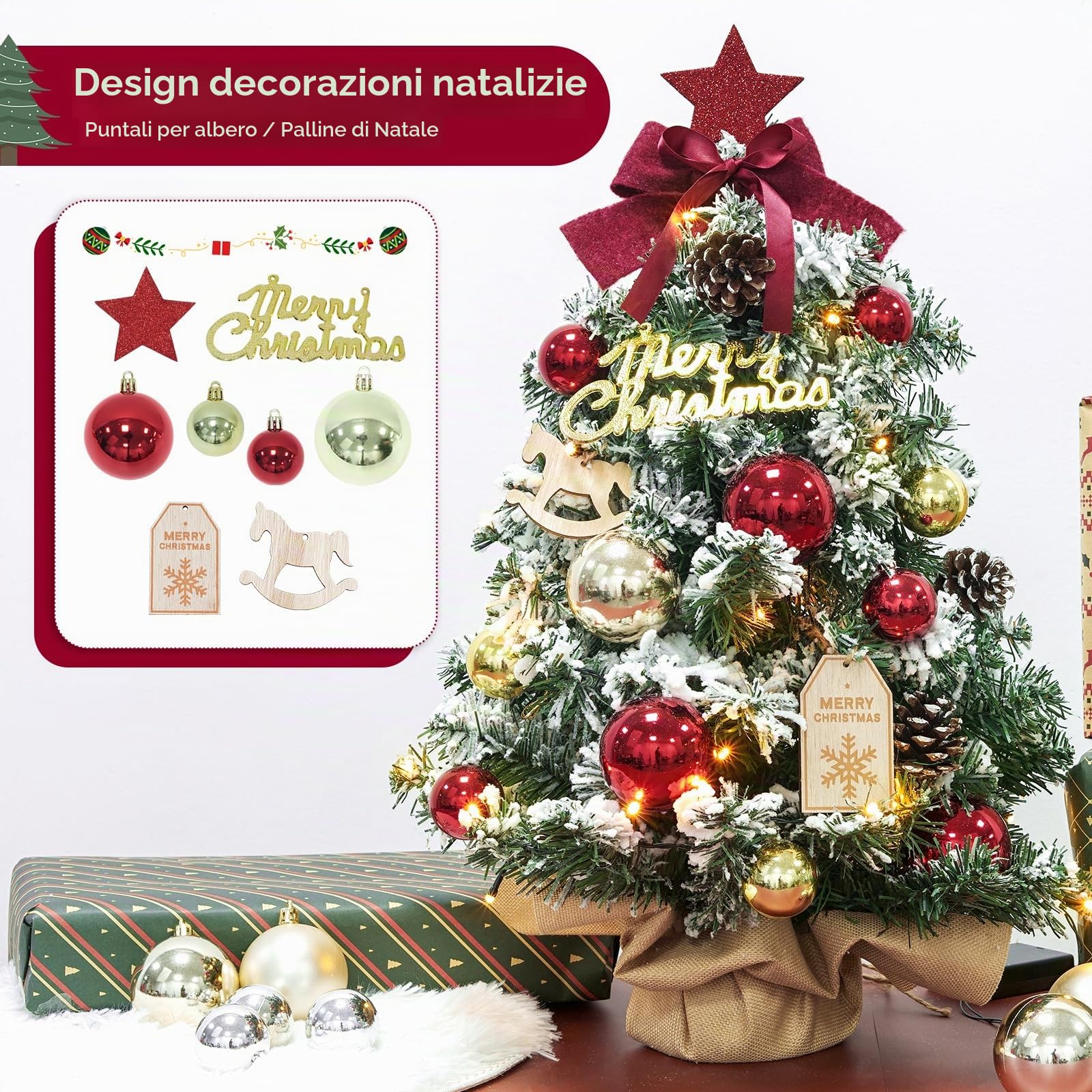 DEWUR Mini albero di Natale piccolo con illuminazione da tavolo a LED, piccolo albero di Natale decorato artificialmente, per decorazioni natalizie (60 cm, rosso con oro), F08-F11