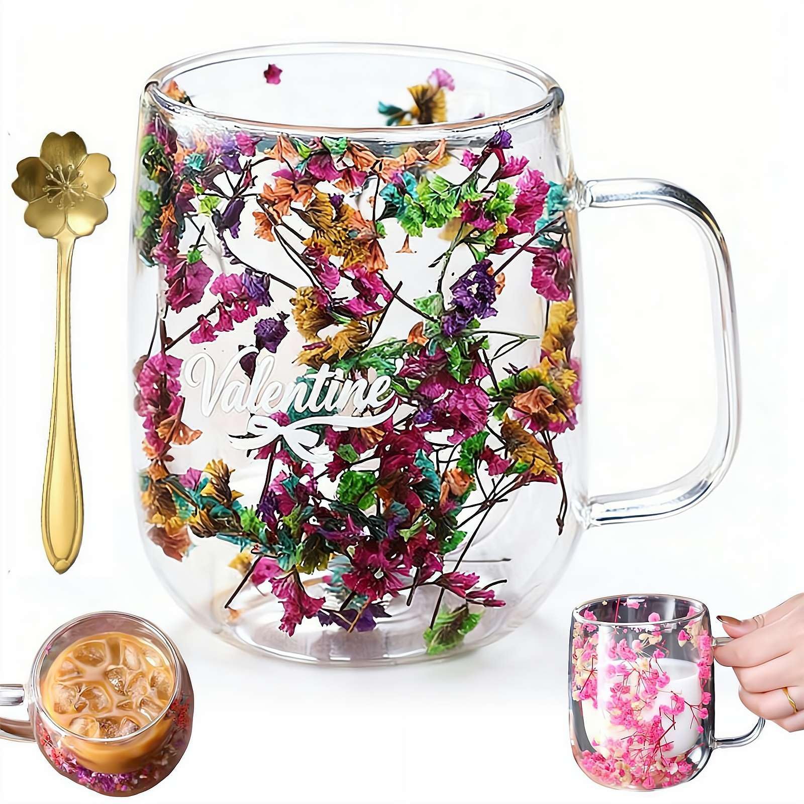 Dried Flowers Glass Mug, 15.2oz Double Wall Insulated Coffee Cup with Real Flowers Inside, Style E, 440ml/15.2oz