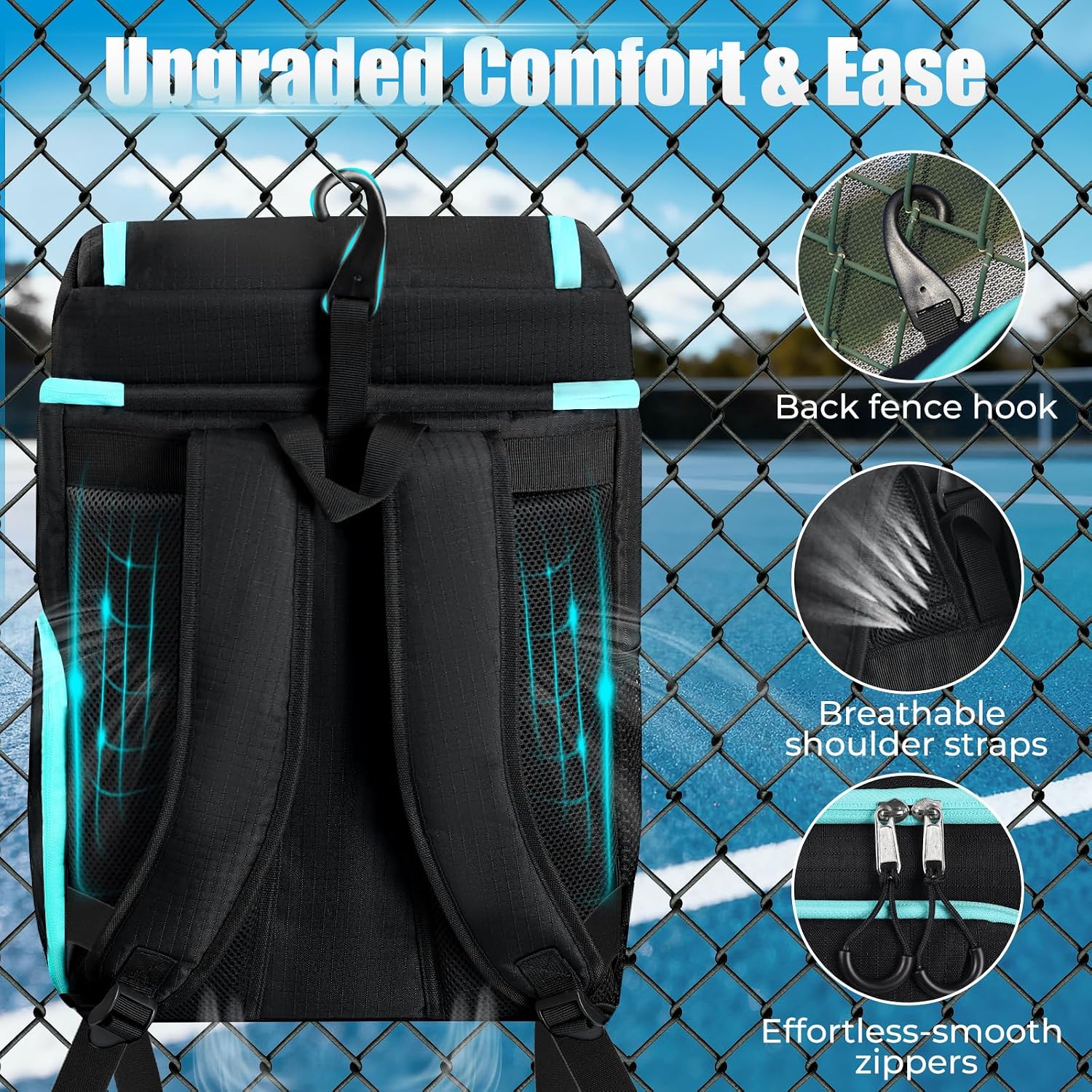 Pickleball Bag Backpack with Shoe Compartment & Cooler, Large Pickleball Sport Backpack for Men&Women, Multi-Pocket Gym Bags for Sports&Work with Laptop Compartment, Black