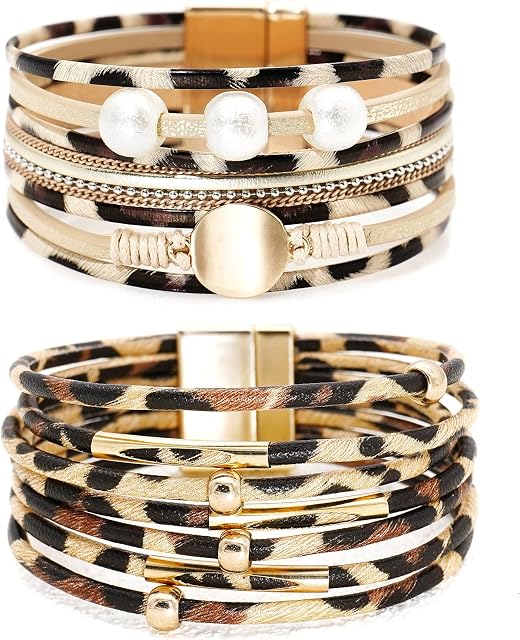 KharmLaddy Multilayer Leather Bracelet Set Wrap Bracelet Wrist Cuff Bangles with Magnetic Buckle for Women Girls