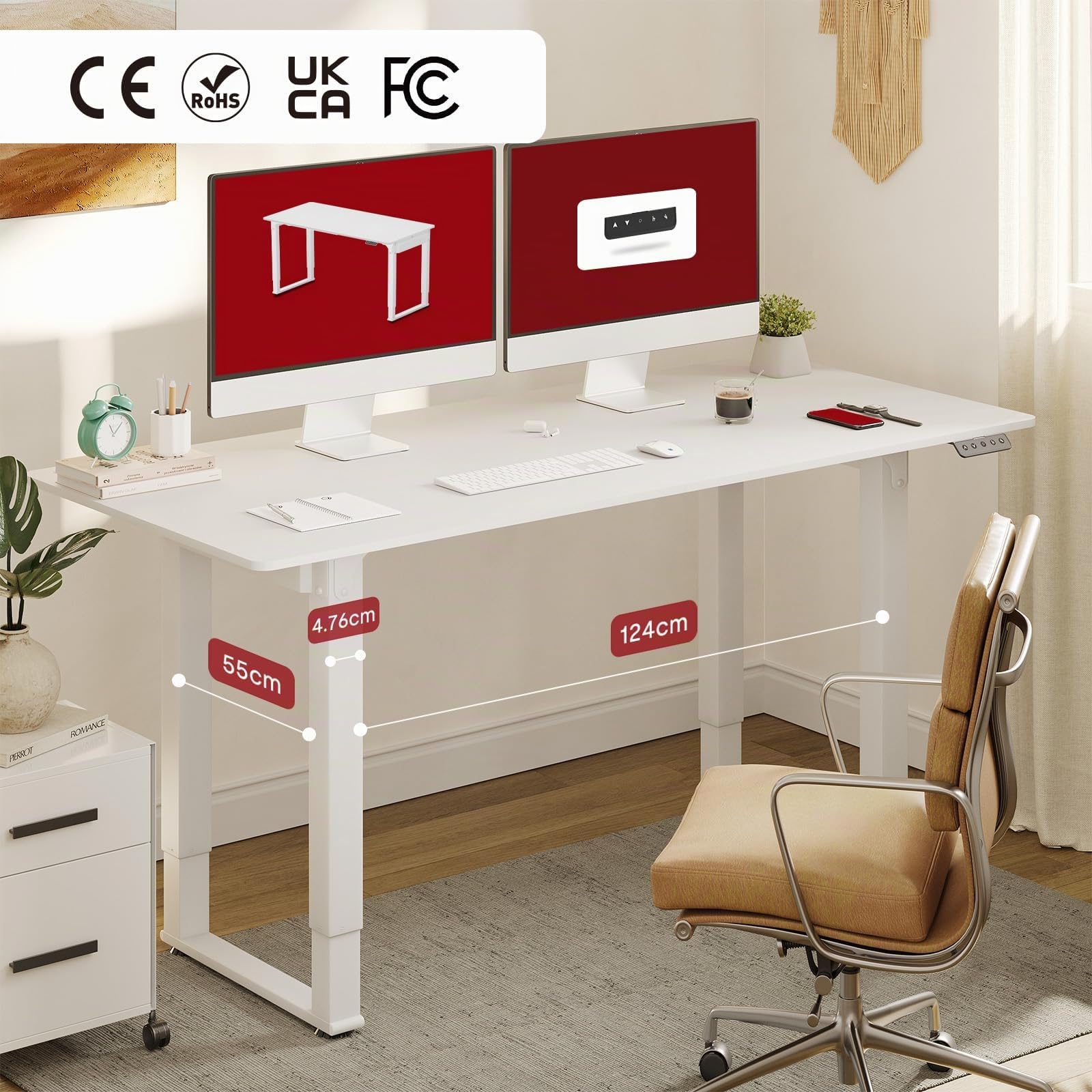 SANODESK QS2 Escritorio Elevable Eléctrico 180x80 cm con 2 Motores - Mesa de Pie Ajustable en Altura para Oficina y Gaming con 4 Patas, Sistema de Memoria, Color Blanco