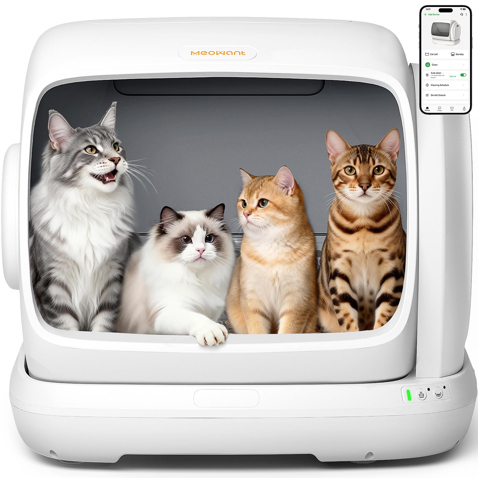 MeoWant Self-Cleaning Cat Litter Box, 106L Extra-Large Space Low Entrance Automatic Cat Litter Box Perfect for Multiple Cats, Safety Sensor, Anti-Pinch, APP Control, Odor Free with Mat & Liner